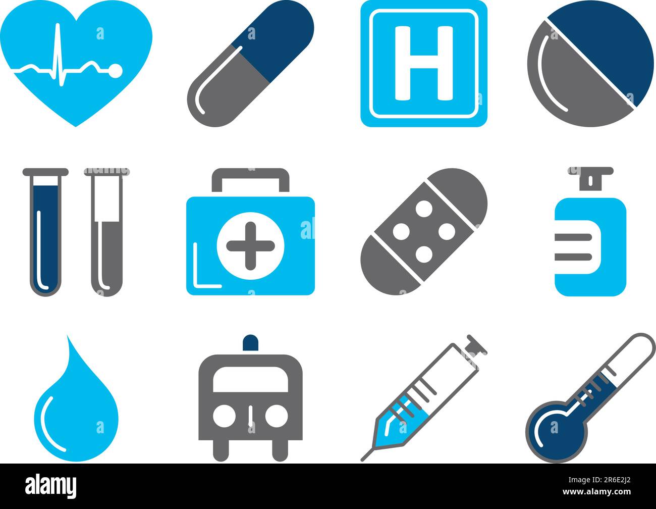Illustrazione vettoriale di 12 diverse icone mediche, schema di colore blu Illustrazione Vettoriale