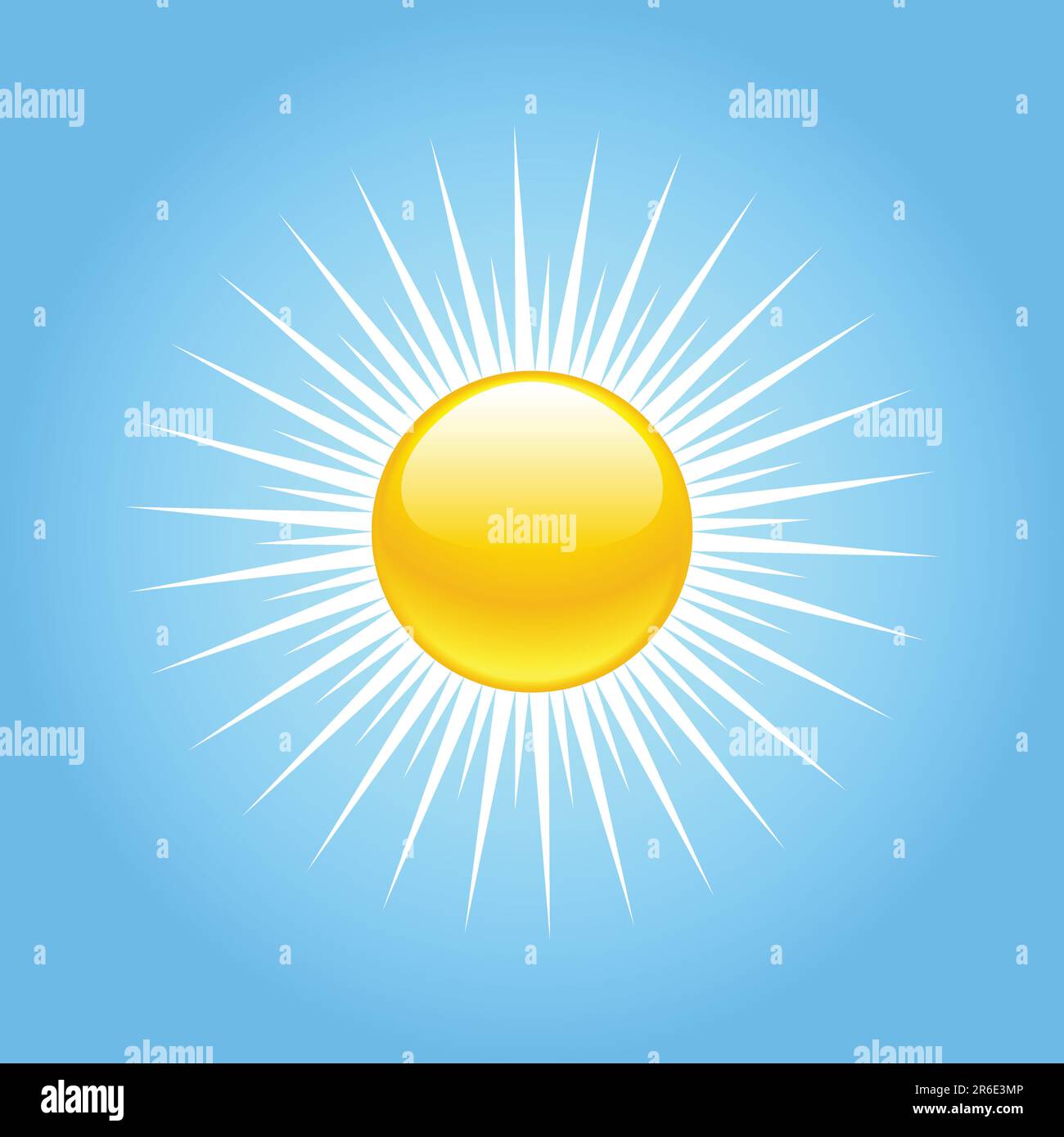Illustrazione vettoriale del sole giallo brillante e dei raggi nel cielo blu brillante Illustrazione Vettoriale