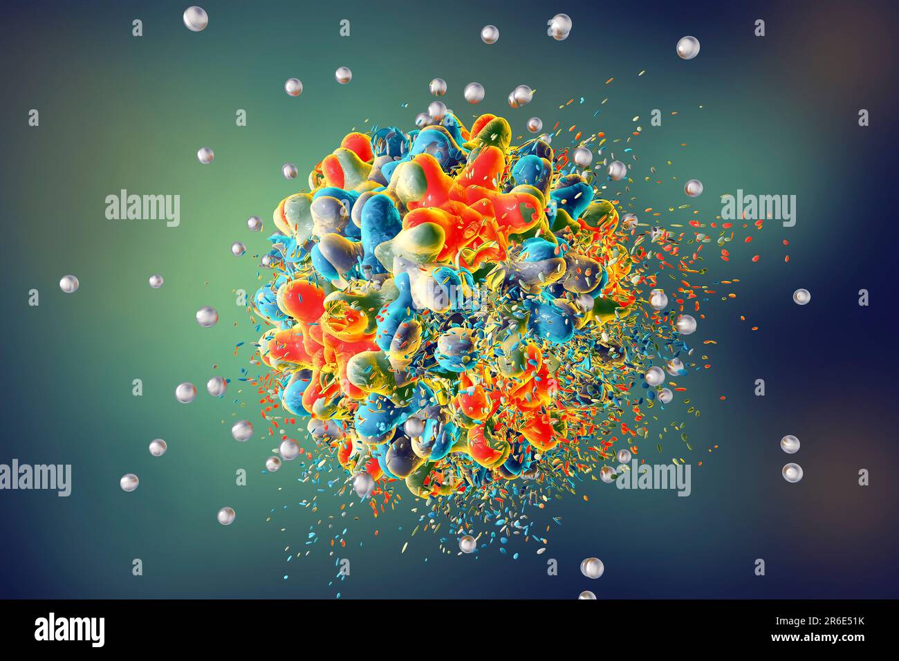 Distruzione del virus dell'epatite B da parte di nanoparticelle d'argento, illustrazione del computer. Immagine concettuale per il trattamento e la prevenzione dell'epatite B mediante l'uso di na Foto Stock