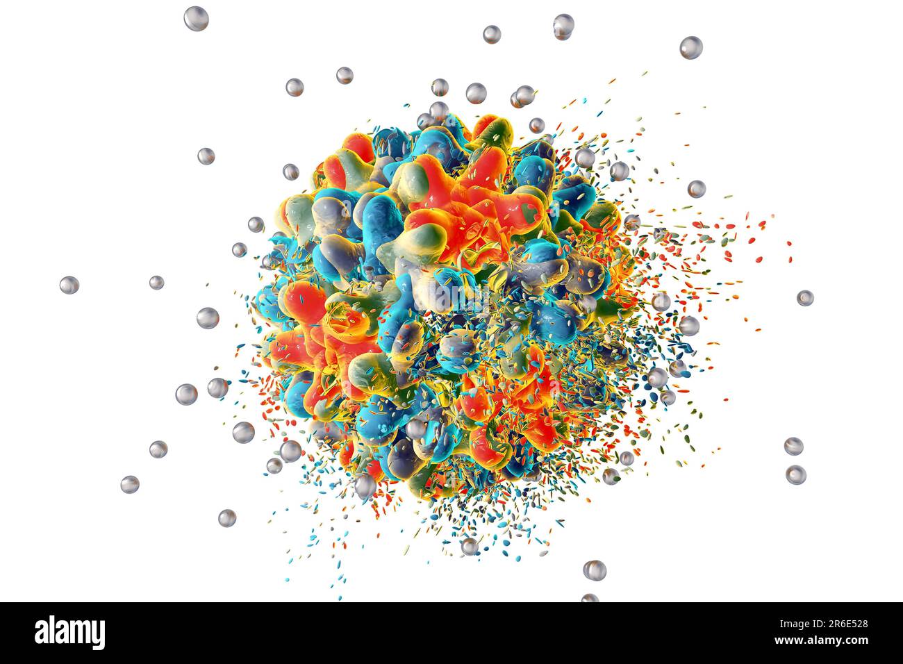 Distruzione del virus dell'epatite B da parte di nanoparticelle d'argento, illustrazione del computer. Immagine concettuale per il trattamento e la prevenzione dell'epatite B mediante l'uso di na Foto Stock