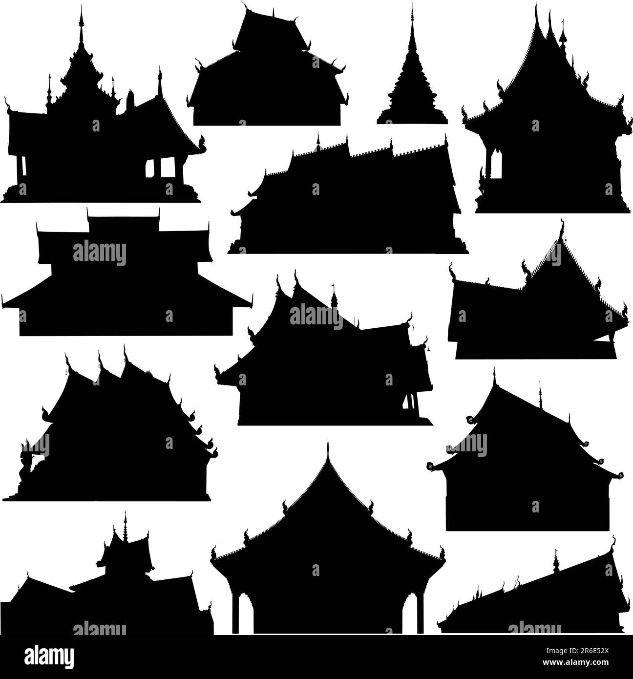 Vettore modificabile sagome di edifici del tempio in Thailandia Illustrazione Vettoriale