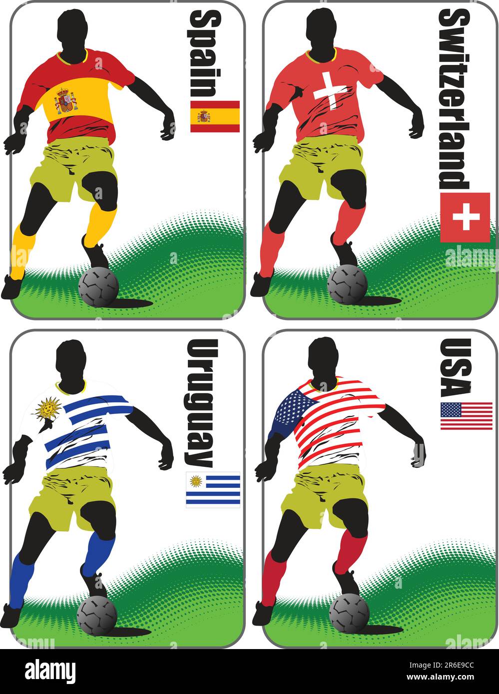 Finali della Coppa del mondo di calcio 2010. 32 squadre in magliette delle bandiere nazionali. Spagna, Svizzera, Uruguay, Stati Uniti Illustrazione Vettoriale