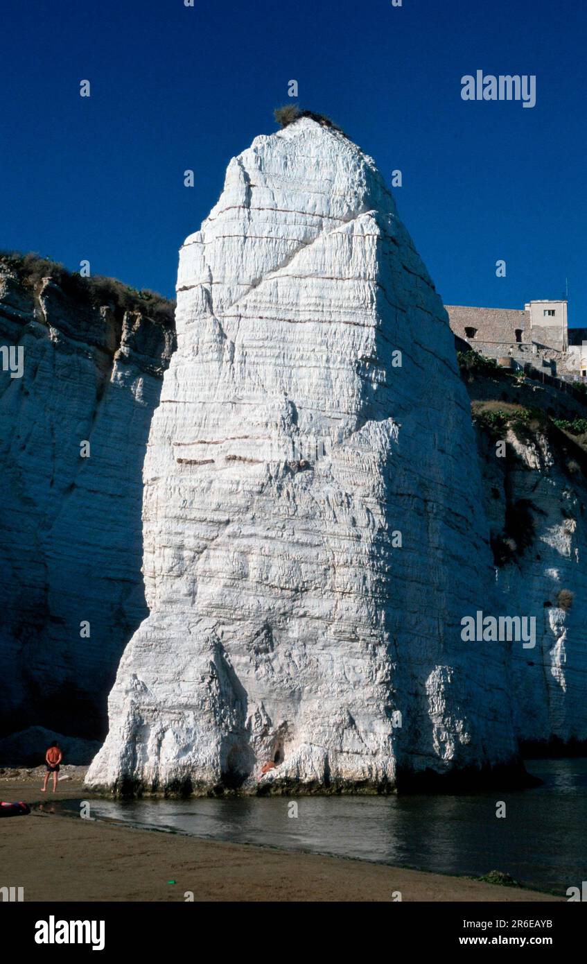 Rocce calcaree, Vieste, Puglia, Italia, rocce calcaree, Puglia, Italia, Europa, verticale Foto Stock