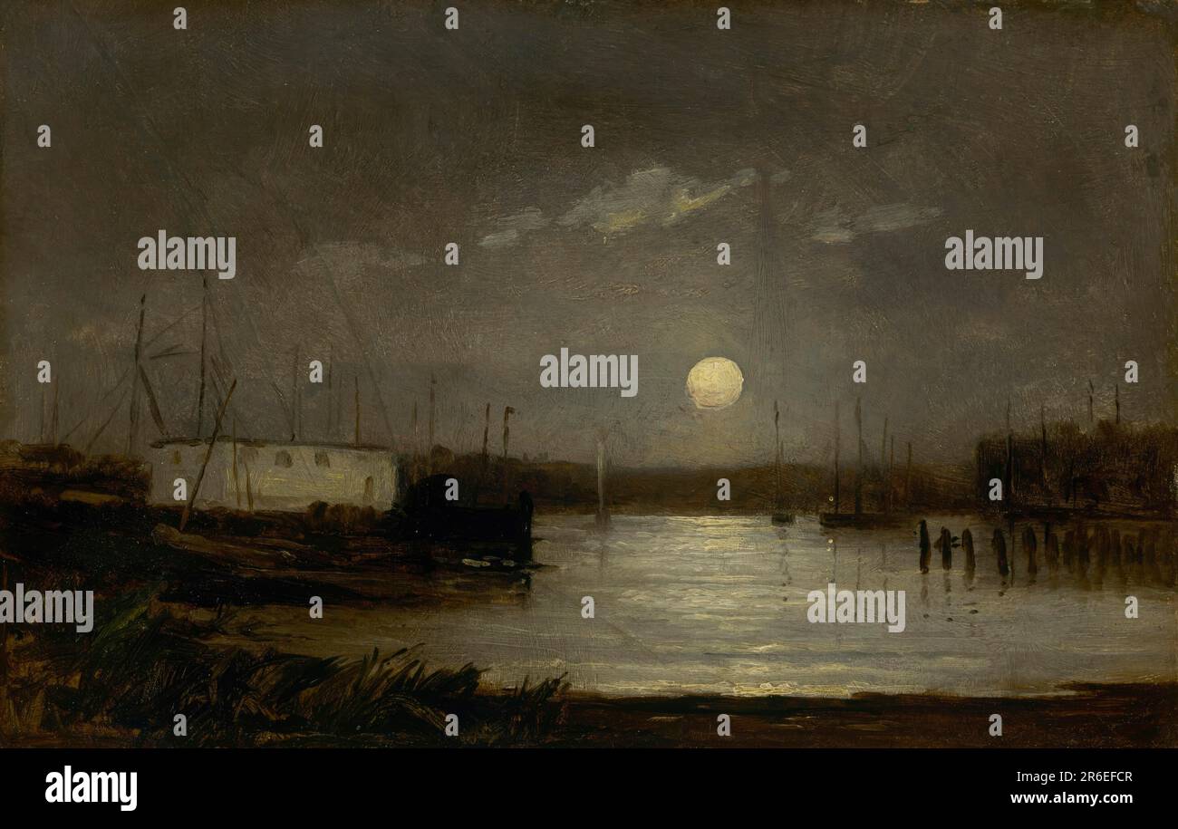 Untitled (luna su un porto, banchina con luna piena e alberi di barche). Data: CA. 1868. olio su cartone. Museo: Smithsonian American Art Museum. Foto Stock