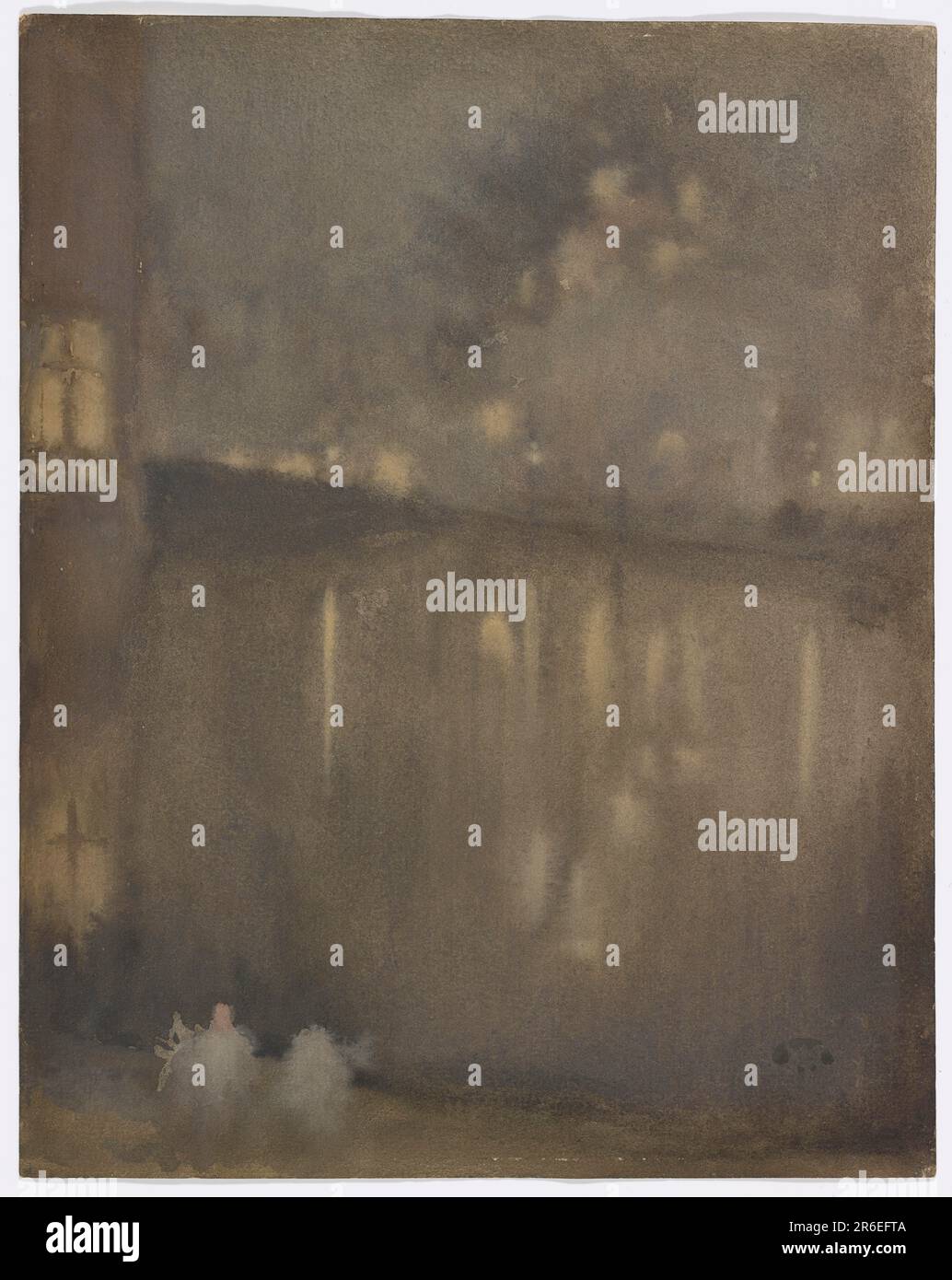 Una vista notturna su entrambi i lati del canale, edifici con finestre illuminate che si riflettono nell'acqua; due figure in primo piano a sinistra; con la farfalla in basso a destra. Data: 1882. Acquerello su carta. Origine: Stati Uniti. Museo: Freer Gallery of Art e Arthur M. Sackler Gallery. Foto Stock