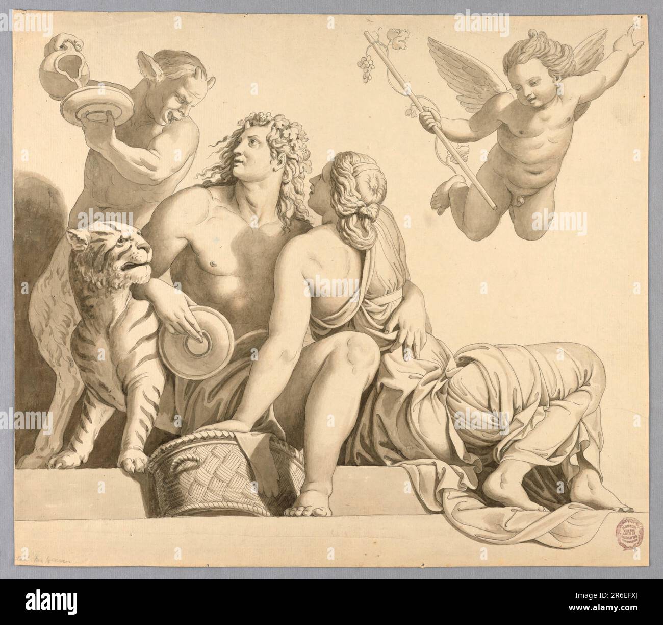 Disegno dopo un affresco ideato da Giulio Romano nel Palazzo del te di Manuta. Dioniso e Ariadne con il satiro a sinistra e il putto volante a destra. Data: CA. 1781. Matita di piombo, penna, pennello e acquarelli di colore grigio brunastro. Museo: Cooper Hewitt, Smithsonian Design Museum. Foto Stock