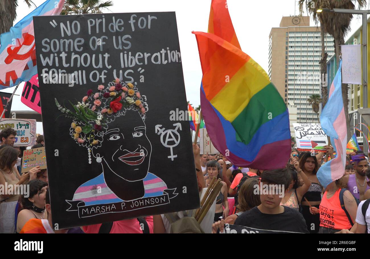 TEL AVIV, ISRAELE - 8 GIUGNO: I partecipanti e gli attivisti del gruppo di protesta anti-governativo 'fronte Rosa' hanno firmato contro l'occupazione israeliana dei territori palestinesi mentre marciano durante la Parata Pride annuale di Tel Aviv, il 8 giugno 2023 a Tel Aviv, Israele. Tel Aviv ha commemorato il 25th° anniversario della sua celebre Pride Parade, considerata il più grande evento Pride in Medio Oriente. 150.000 marciato lungo il lungomare.Credit: Eddie Gerald/Alamy Live News Foto Stock