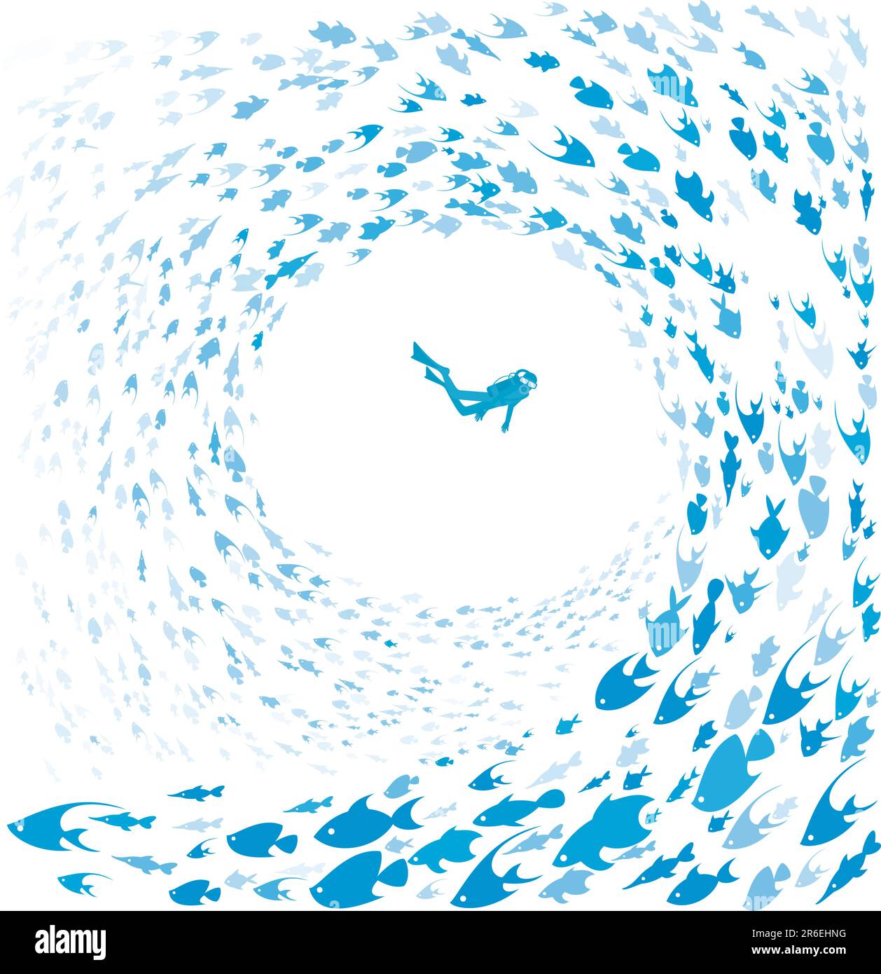 Un'illustrazione di subacquei circondati da pesci in una formazione a spirale. Illustrazione Vettoriale