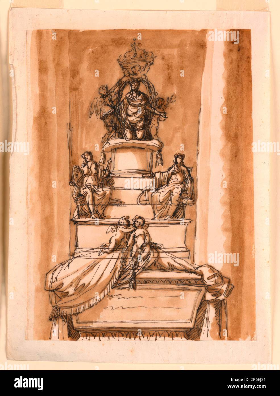 Lo schema e il sarcofago sono variazioni di 1938-88-1296. Il disegno inizia sotto con il sarcofago. Il piedistallo ha una base, sopra la quale si elevano tre gradini e un breve piedistallo sulla sommità. Sui gradini siedono due donne coronate, la sinistra che porta uno scudo o un medaglione e un macis, la destra qualcosa di indistinto. Accanto alla sinistra si trovano fasce accanto alla destra, probabilmente un casco. In cima inginocchia il re con le braccia estese su un cuscino, visto dalla parte anteriore. Sopra la figura è in parte disegnato un altro suggerimento: Un genio inginocchiato a sinistra sostiene insieme con un putto in piedi a destra il Foto Stock