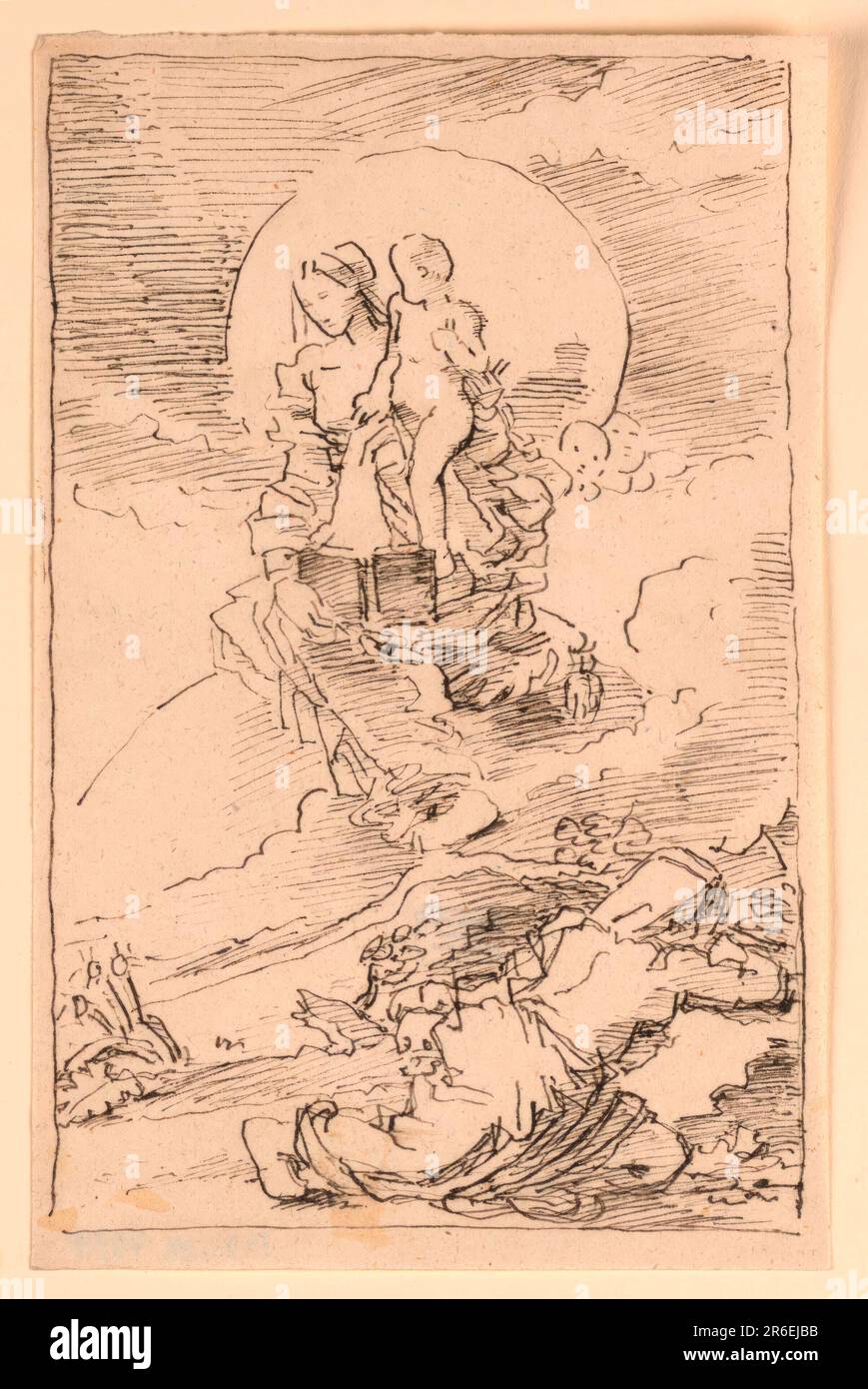 L'eremita è in primo piano, inginocchiato, rivolto verso destra. La Vergine e il Bambino appaiono sopra su una nuvola, stagliata contro la luna piena. Racchiuso in una linea di inquadratura. Data: 1820-1850. Penna e inchiostro Bistre su carta. Museo: Cooper Hewitt, Smithsonian Design Museum. Foto Stock