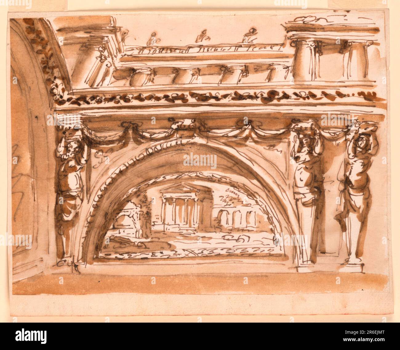 Una variazione di -1524. I supporti sono gaines con le mezze figure di Atlantes. Una vista di una galleria ionica è mostrata sopra l'entablature. Penna e inchiostro marrone, pennello e lavaggio marrone su carta steso biancata, foderata. Data: 1746-1809. Museo: Cooper Hewitt, Smithsonian Design Museum. Foto Stock