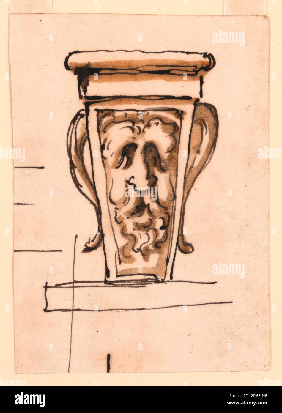 Di seguito è riportata una modanatura, sopra una modanatura quadrata e una circolare. Nel pannello frontale è presente la maschera di un satiro, le cui corna sporgono lateralmente. Alcuni tratti formano altri schizzi. Data: CA. 1781. Penna e inchiostro marrone, pennello e lavaggio marrone su carta deposta biancastra, foderata. Museo: Cooper Hewitt, Smithsonian Design Museum. Foto Stock