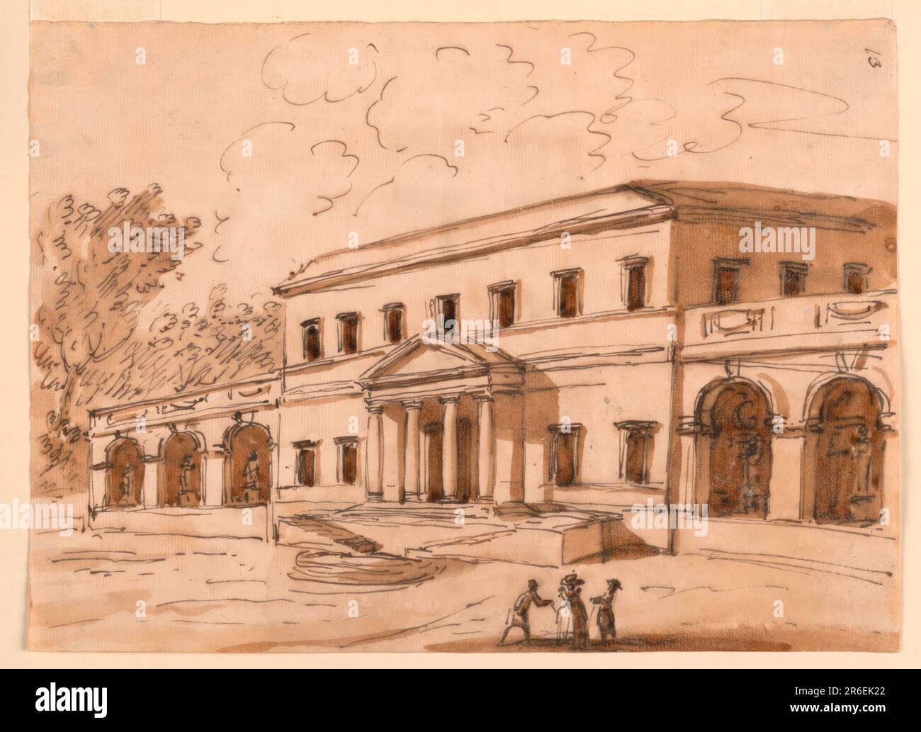 Mostrato obliquamente e incompletamente. Un edificio a due piani è fiancheggiato da colonnati di tre archi e con statue. Rampe di scale portano al portico di quattro colonne doriche con frontone triangolare. Sette finestre all'ultimo piano. Una donna e due uomini in primo piano. Alberi nella parte posteriore sinistra. Angolo superiore destro: '13', verticale. Forse per la Villa Poniatowsky. Penna e inchiostro marrone, pennello e lavaggio marrone su carta deposta biancastra. Data: 1792-1794. Museo: Cooper Hewitt, Smithsonian Design Museum. Foto Stock