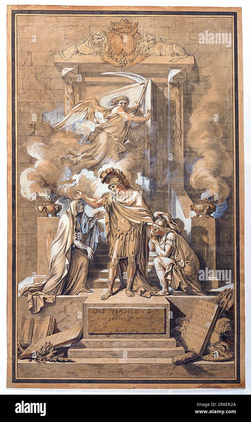 In questo schema monumentale, l'ex moglie e figlio del Maréchal (ognuno dei quali lo aveva preceduto), fiancheggiano il Maréchal in piedi, vestito di armatura classica. Il Maréchal gesta verso la moglie, che si accosta per salutarlo alla porta (sormontata da cresta di famiglia e da un paio di leoni) del mausoleo di famiglia; suo figlio (anche nella classica garbo militare) si inginocchia e bacia la mano sinistra del padre. L'angelo della morte, che tiene una falce, sovrastava. Il fumo emana dai censori su entrambi i lati del gruppo centrale. Data: 1761. Gesso nero, penna e inchiostro nero, punta di pennello e inchiostro marrone-nero; grigio e fronte Foto Stock