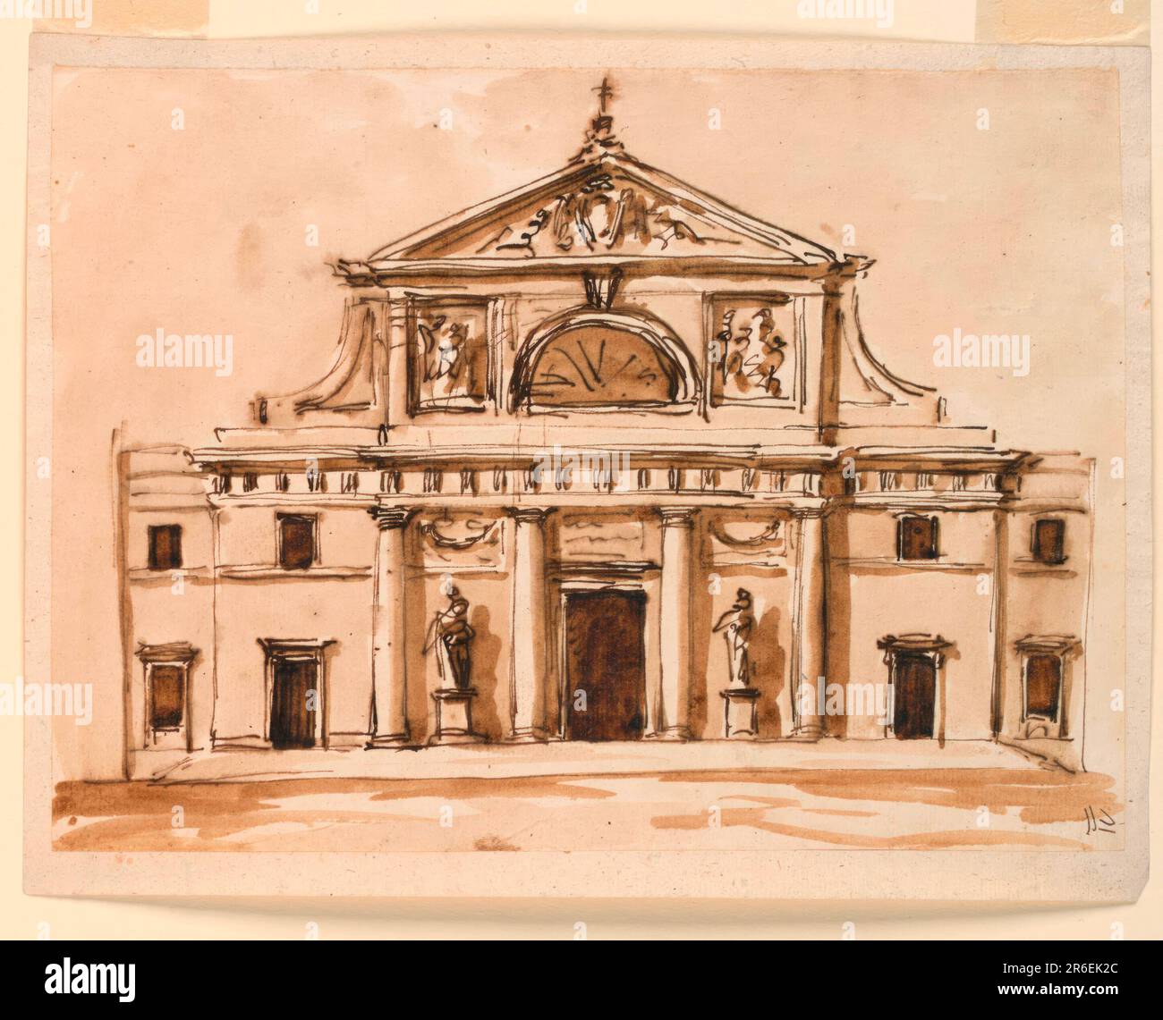 Facciata di una piccola chiesa, che mostra l'uso dell'ordine dorico. Diviso in tre parti sporgenti orizzontalmente, in due piani e un frontone, verticalmente. Lateralmente si trovano le parti più arretrate con una finestra in entrambi i piani; una porta e una finestra sono rispettivamente nelle storie della sezione successiva; la sezione centrale è costituita da tre pannelli incorniciati da colonne doriche incassate; nelle intercolonnizzazioni centrali si trovano statue su piedistalli; sopra sono festoni in oblungo. Un fregio triglicfo è mostrato nella seconda e nella sezione centrale; i passi portano a questi. Il frontone è costituito da una A. Foto Stock