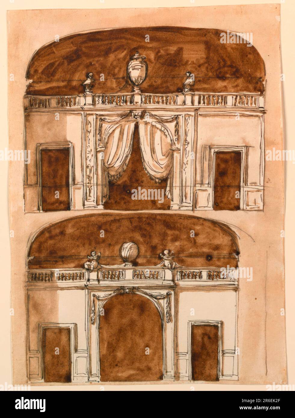 Sopra: Una variazione di -1607 sopra. L'arco è sostenuto da pilastri. Sopra l'entablatura si trova una balaustra con al centro un grande vaso e due busti sopra i pilastri. In basso: Una variante dello stesso progetto, senza i pontili di incorniciatura e la tenda. Una balaustra come sopra, con sopra una sfera e due putti apparentemente con una ghirlanda. Sfondo leggermente colorato. Data: CA. 1790. Penna e inchiostro marrone, pennello e lavaggio marrone su carta deposta biancastra, foderata. Museo: Cooper Hewitt, Smithsonian Design Museum. Foto Stock