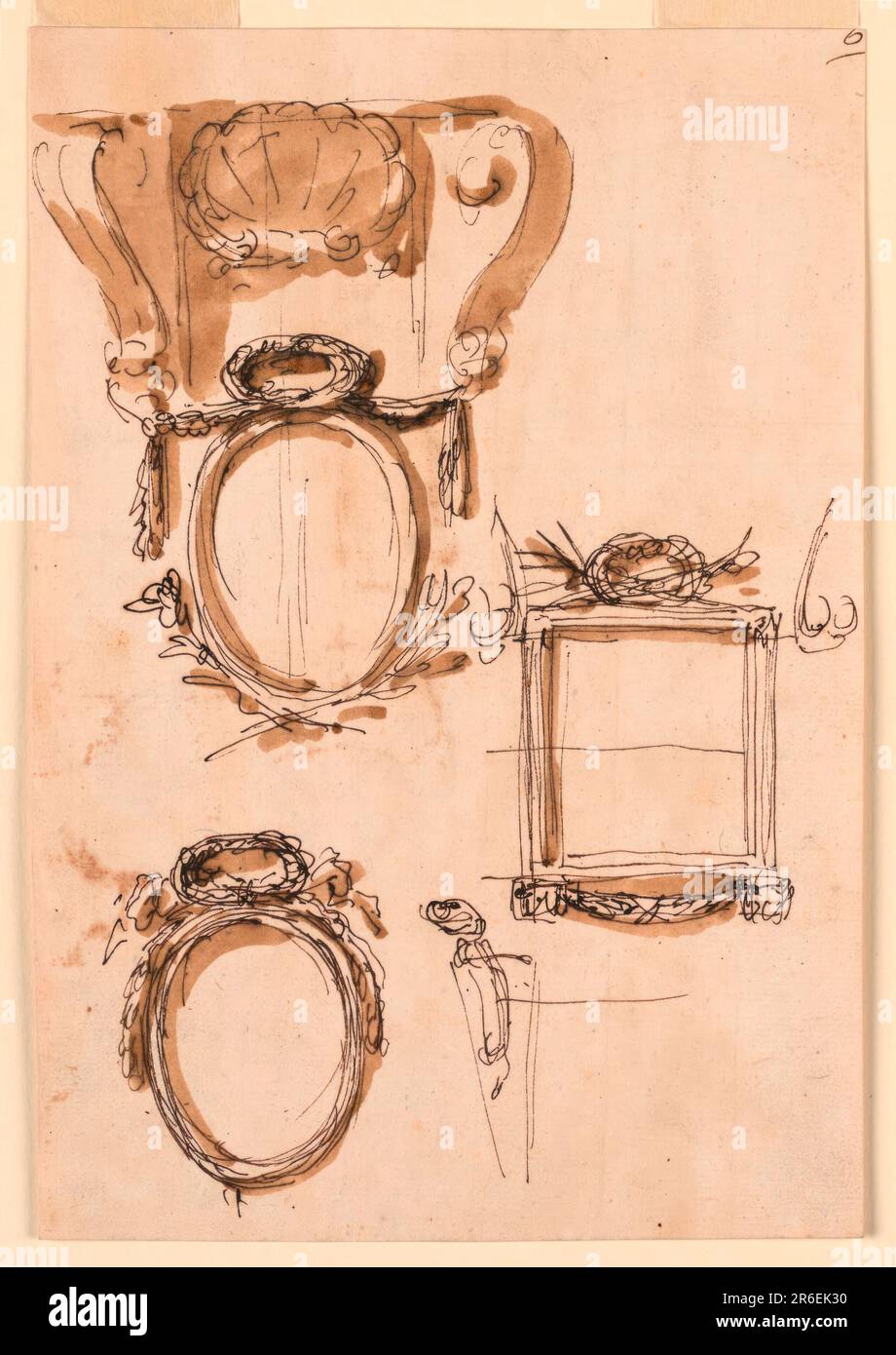 Cornici. Penna e inchiostro marrone, pennello e lavaggio marrone su carta deposta biancastra. Data: 1746-1809. Museo: Cooper Hewitt, Smithsonian Design Museum. Foto Stock