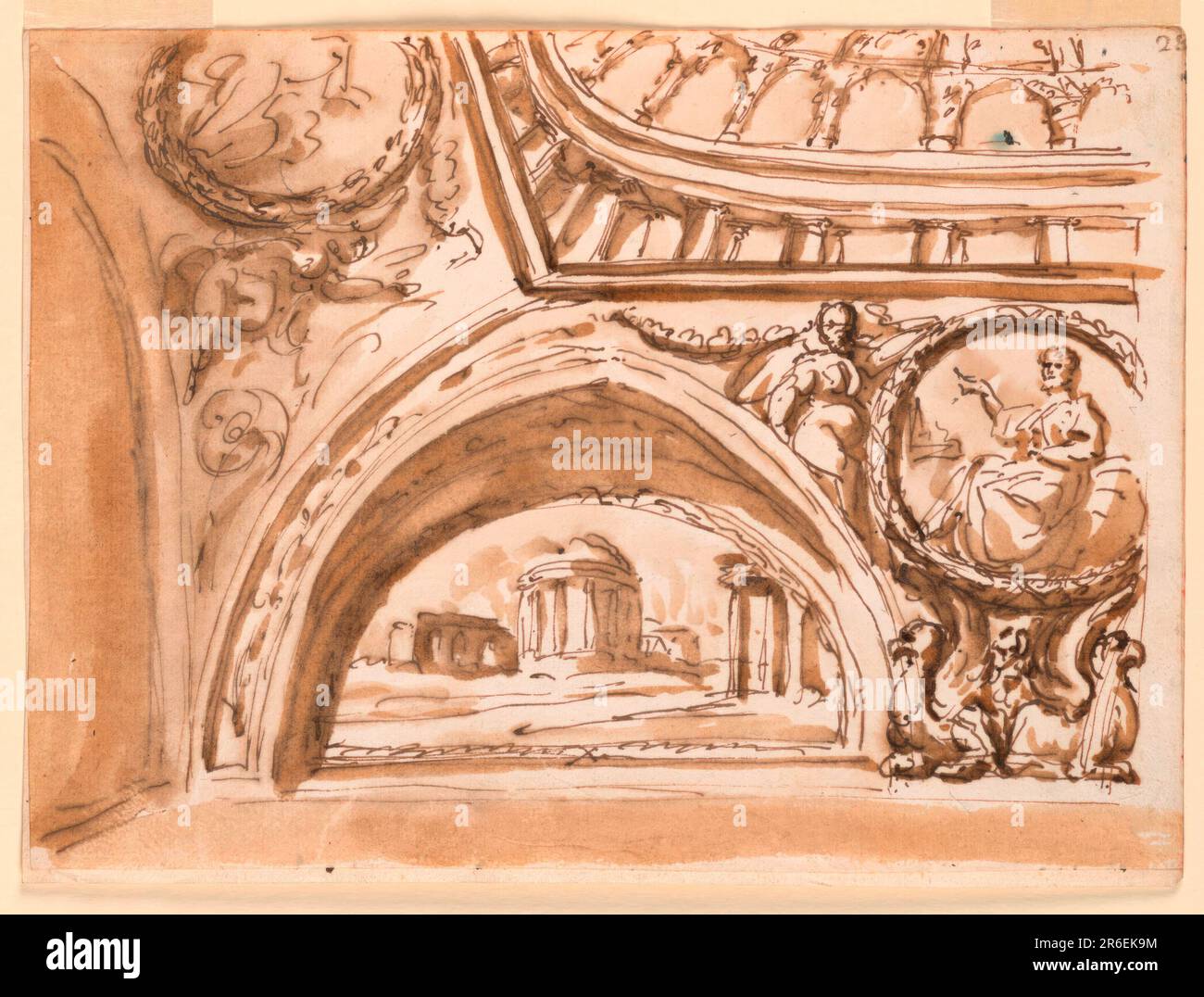 Una variazione dello schema di -1532. L'arco a sinistra è ridotto a una striscia stretta. Il motivo centrale sottostante è un medaglione circolare con un uomo seduto, portato dalle ali di due griffini accovacciati e sostenuto da donne sedute sugli archi appuntiti. Un pannello sferico a sinistra è decorato con un medaglione ovoidale sostenuto da donne sedute. Sopra è una vista simile a quella del -1524 con ciò che probabilmente significa un trellis architettura nel centro. Data: 1790-1800. Penna e inchiostro marrone, pennello e marrone lavaggio off-whtie di carta steso, foderato. Museo: Cooper Hewitt, Smithsonian Design Museum. Foto Stock