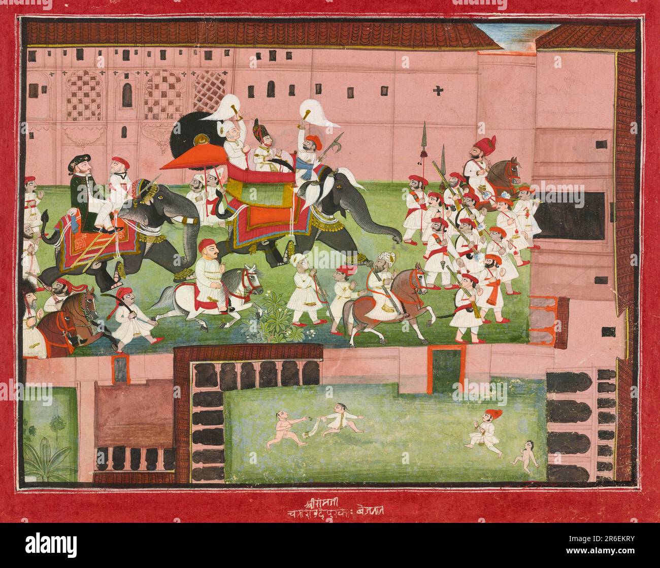 Maharaja Balwant Singh di Ratlam in processione con il colonnello Borthwick. Acquerello opaco e oro su carta. Origine: Devgarh o Ratlam, stato di Madhya Pradesh, India. Data: 1825. Museo: Freer Gallery of Art e Arthur M. Sackler Gallery. Foto Stock