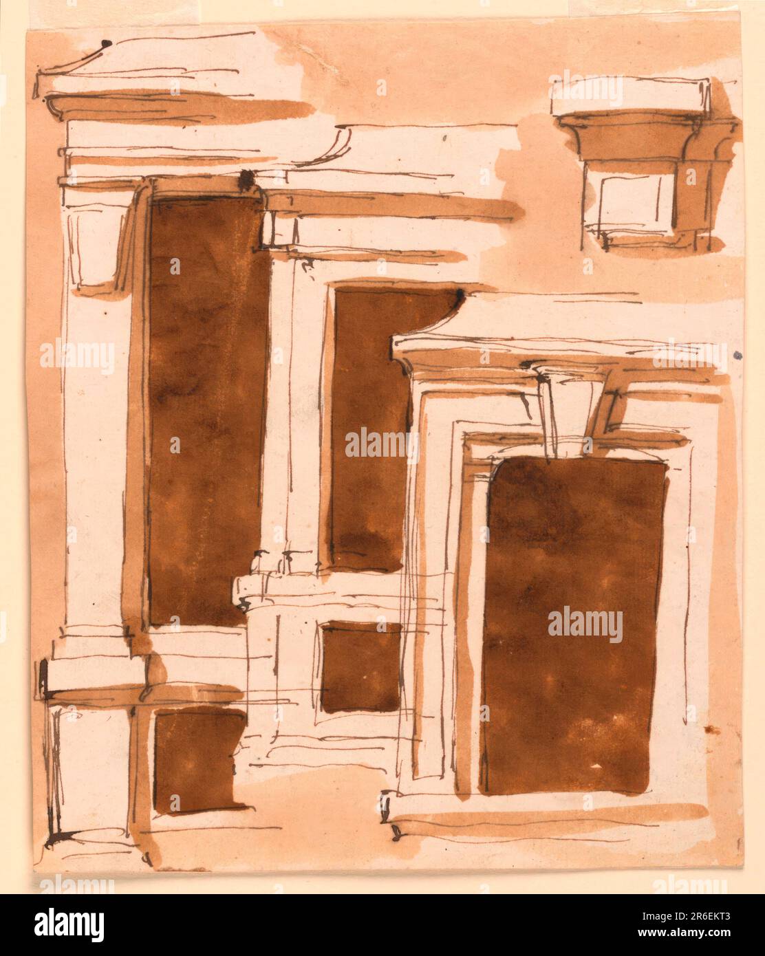 Tre cornici, una prima dell'altra. A sinistra: Metà sinistra delle finestre di un piano terra e di un seminterrato. A sinistra, un pilastro su un piedistallo. Centro: Un disegno simile senza la staffa come capitale, come prima. A destra: Viene visualizzata l'intera apertura. Telaio sagomato con una chiave di volta. In alto a destra: Angolo in alto a sinistra di una cornice. Sfondo colorato. Data: 1780-1795. Penna e inchiostro marrone, pennello e lavaggio marrone su carta steso biancata. Museo: Cooper Hewitt, Smithsonian Design Museum. Foto Stock