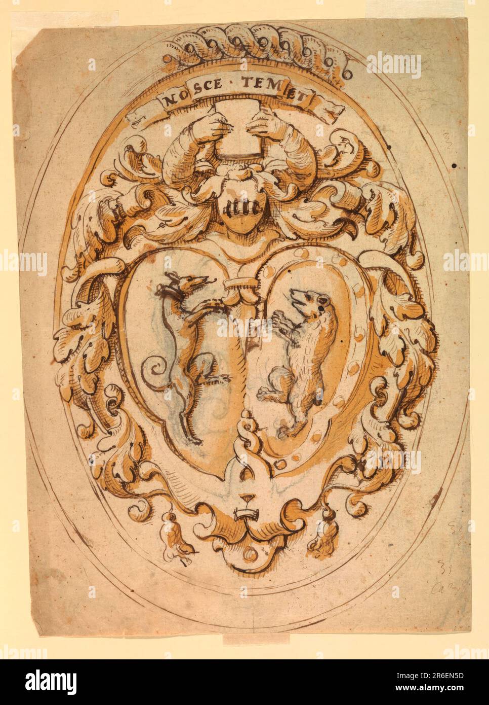 Una scutcheon di scrollwork contiene due scudi con un rampante di levriero e un rampante di orso, rispettivamente. Due braccia si alzano dal casco; le mani tengono un libro. In alto è presente un rotolo con l'iscrizione NOSCE TEMET. Alle estremità inferiori delle nappe pesanti. Nella sua parte superiore è suggerito un frama ovoidale stampato per il quale è presente una fascia di interlacciamento. In basso a destra, la penna graffia e scritto 'CA...(?). Verso: Tre schizzi che si riferiscono a volute, mostrati obliquamente e frontalmente. In alto a sinistra sono disegnate orizzontalmente due viste oblique di un'entablatura. Un cerchio è disegnato sotto a sinistra. Data: 1580-16 Foto Stock