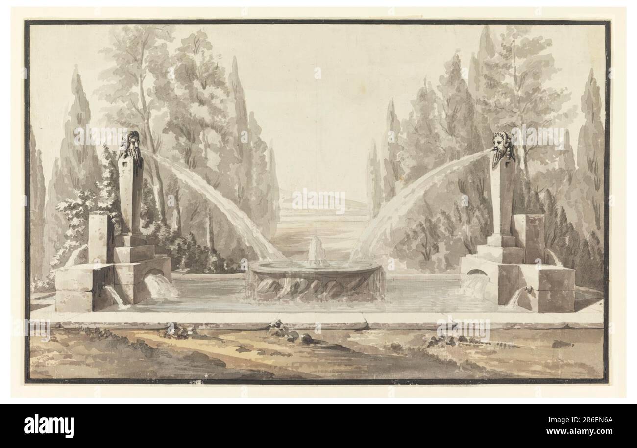 Al centro di un bacino oblungo si trova una ciotola circolare. Al centro sorge una fontana, in cui si riversa l'acqua dalle bocche di due maschere di satiro in cima alle erme. Questi si trovano sui dados, da cui l'acqua si riversa nel bacino in diversi punti. Gruppi di alberi sono dietro la fontana, permettendo, nel mezzo, una vista nel paese aperto. Linea di cornice nera. Data: CA. 1790. Gesso nero, pennello e acquerello su carta, montato. Museo: Cooper Hewitt, Smithsonian Design Museum. Foto Stock