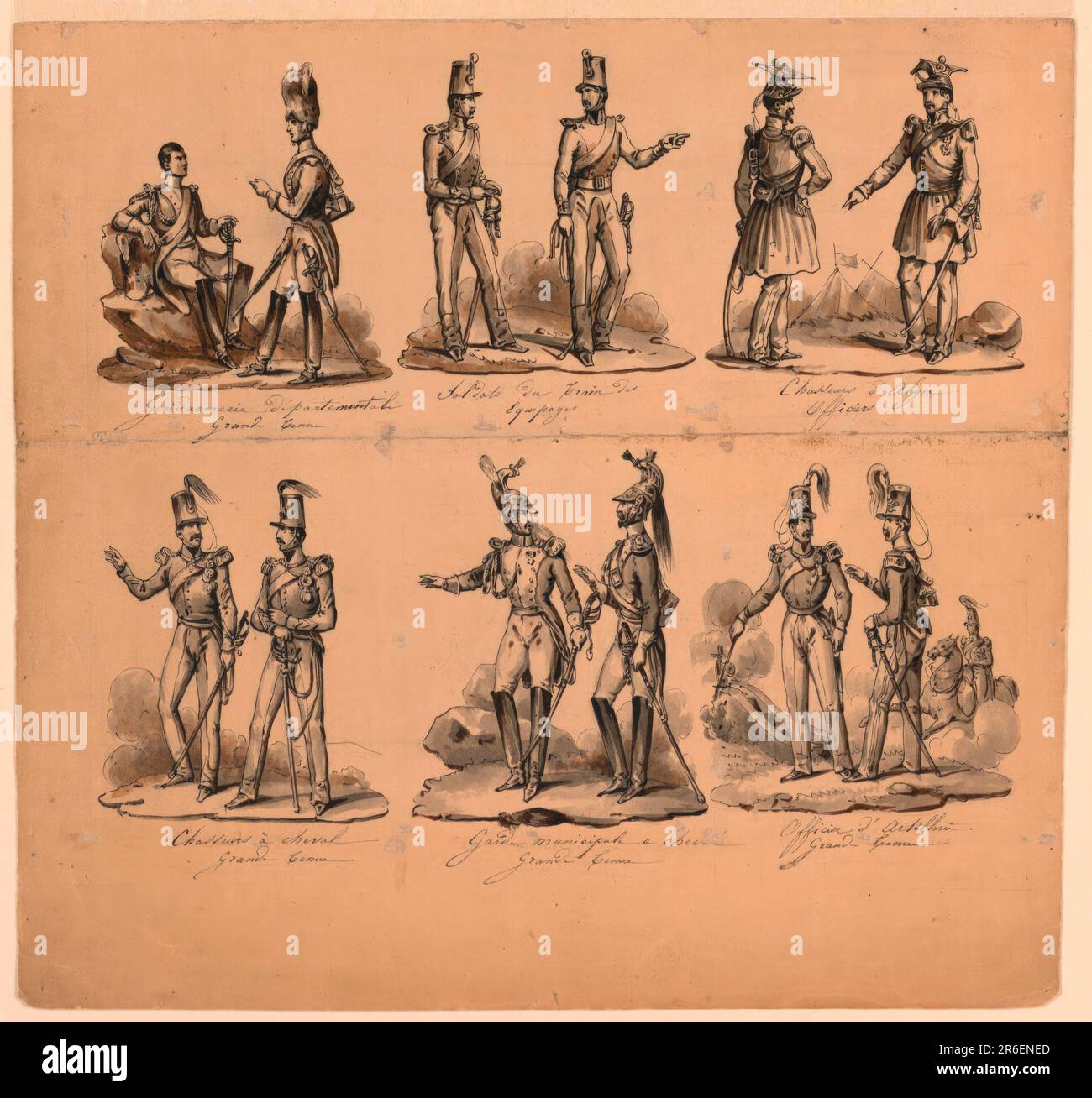 Sei coppie di soldati in due gamme. Sotto ciascuno, da sinistra a destra: 'Gendarmerie dipartimentali / Grand Tenue'; 'Soldats du Prain de / Equipages'; 'Chasseurs d'Alger / Officiers'; 'Chasseurs à Cheval / Grand Tenue'; 'Gard-Municipale a Cheval / Grand Tenue'; 'Officier d'Artillerie / Grand Tenue'. Data: 1830-1840. Penna e inchiostro, pennello e lavaggio marrone e nero su carta. Museo: Cooper Hewitt, Smithsonian Design Museum. Foto Stock