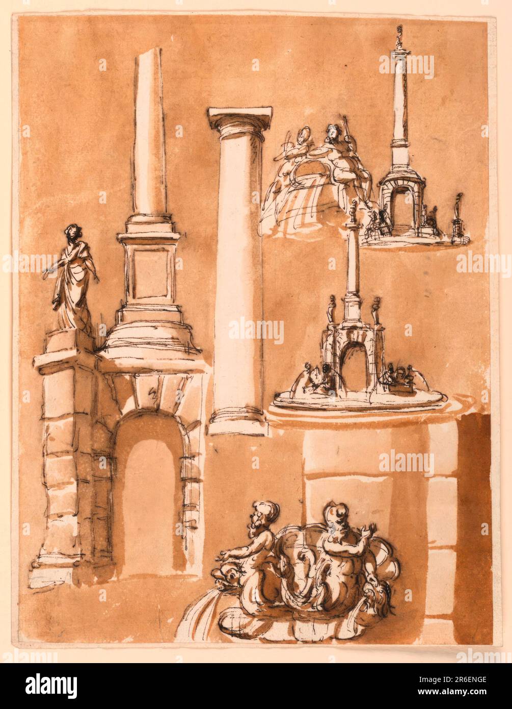 Una colonna dorica, con una figura in piedi su un padiglione. È costituito da blocchi e consiste di archi con pilastri sporgenti disposti obliquamente agli angoli e statue su di essi. L'acqua si riversa dalle bocche degli animali, raggruppati a coppie, e fiancheggiando un motivo centrale. Il lato sinistro del padiglione con la parte inferiore della colonna e la colonna sono mostrati in dettaglio a sinistra. Angolo in alto a destra: Due divinità del torrente appoggiate su un vaso da cui l'acqua si riversa. Una variante del progetto. I pilastri e le statue sono omessi; gli dei del torrente sono disposti davanti agli angoli. Statue su ped Foto Stock