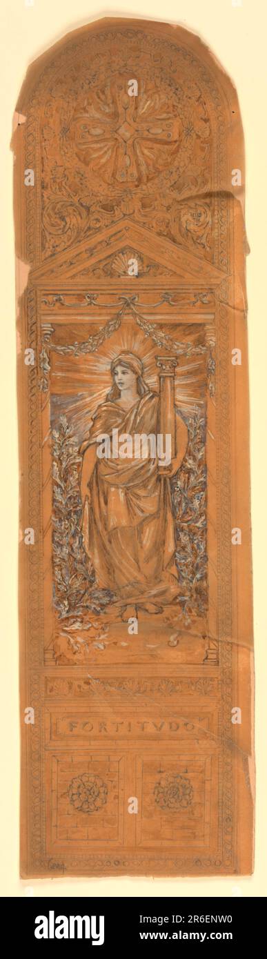 Composizione alta e verticale con sommità arcuata. Al centro, figura femminile in piedi rivolta leggermente a sinistra, una colonna nella mano sinistra. Fogliame a sinistra e a destra. Croce e rosetta grande, sopra. Fortezza scritta sulla base, sopra due pannelli con fiori. Data: CA. 1890. Pennello e acquerello, gouache bianche, grafite su carta da ricalco. Museo: Cooper Hewitt, Smithsonian Design Museum. Foto Stock