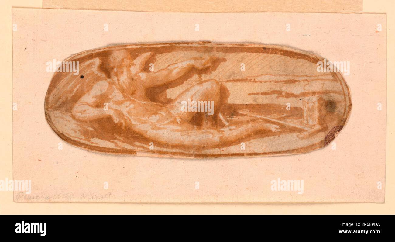 Steso con la parte superiore eretta del corpo, con il braccio destro appoggiato su un'elevazione. Le gambe sono a destra, la testa rivolta verso la spalla destra. Il braccio sinistro sta puntando. Scythe e clessidra sono a destra. Incorniciato da una striscia. Copia leggermente alterata del cristallo tagliato da Bernardi. Data: 1550-1600. Spazzola e bistre su carta, montata su carta con disegno a pastello rosso. Museo: Cooper Hewitt, Smithsonian Design Museum. Foto Stock