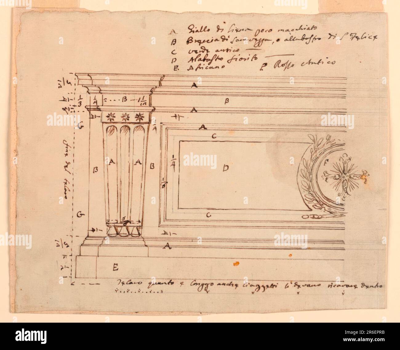 Con lievi variazioni, come -1365. Sono stati modificati i tramamenti dei pannelli anteriori e sono stati aggiunti due rami di alloro incrociati attorno a quello centrale. La metà sinistra. Le dimensioni sono inscritte. Accanto sono disponibili le misure delle modanature. Scritto sotto: 'Telaro quanto e longo ache gli oggetti devano ricavo dentro'. Sotto una scala. Data: 1746-1809. Penna e inchiostro marrone, pennello e lavaggio marrone, grafite su carta rivestita di colore bianco-blu. Museo: Cooper Hewitt, Smithsonian Design Museum. Foto Stock