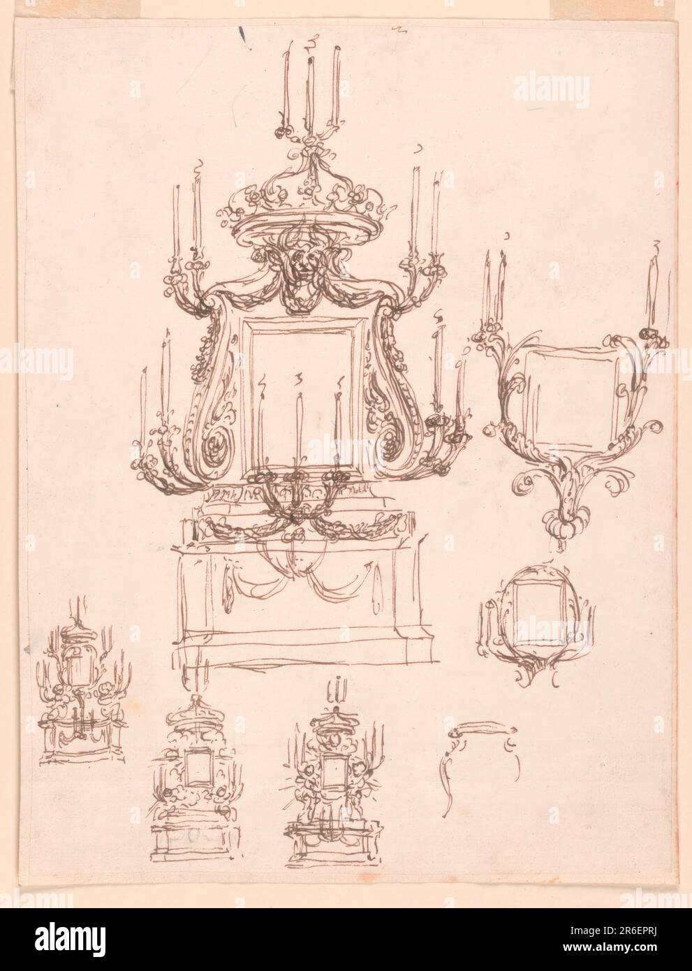 Sono mostrate quattro intere quote, tre delle quali comprendono coppie di angeli. Tutti prevedono un dado tipo mensa e una corona sormontata da candele in cima. Tre disegni sono interessati ad una cornice del dipinto da candele staffe; uno di loro in appena iniziato. Penna e inchiostro marrone, pennello e lavaggio marrone, grafite, inchiostro rosso su carta steso biancata. Data: 1815-1838. Museo: Cooper Hewitt, Smithsonian Design Museum. Foto Stock