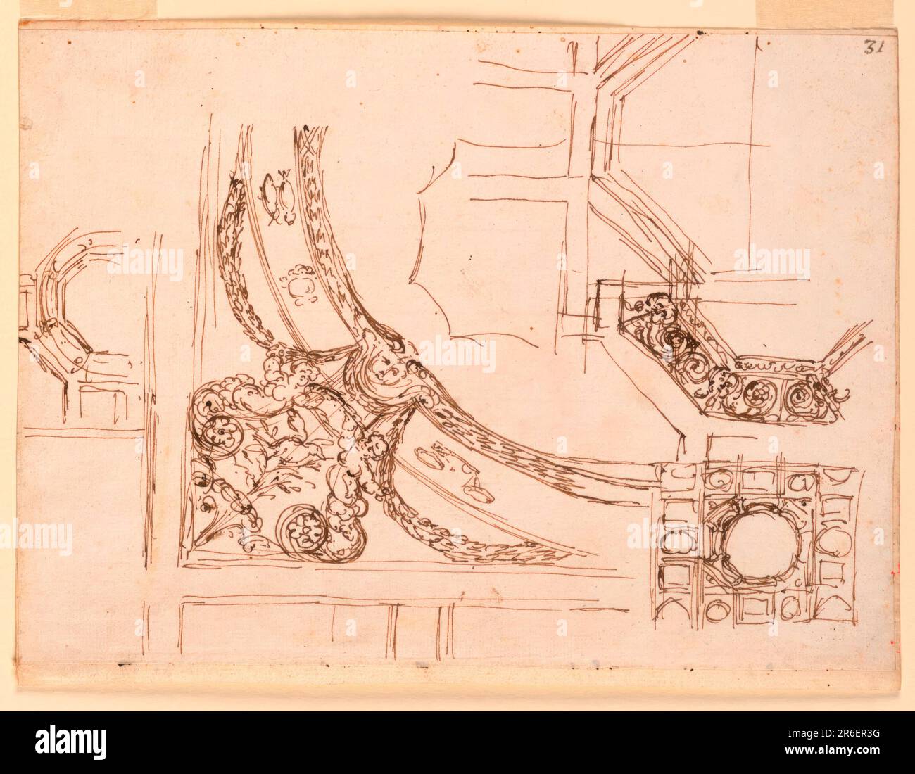 Design per la decorazione del soffitto. Data: 1746-1809. Penna e inchiostro marrone, inchiostro rosso su carta quasi bianca, con righe. Museo: Cooper Hewitt, Smithsonian Design Museum. Foto Stock