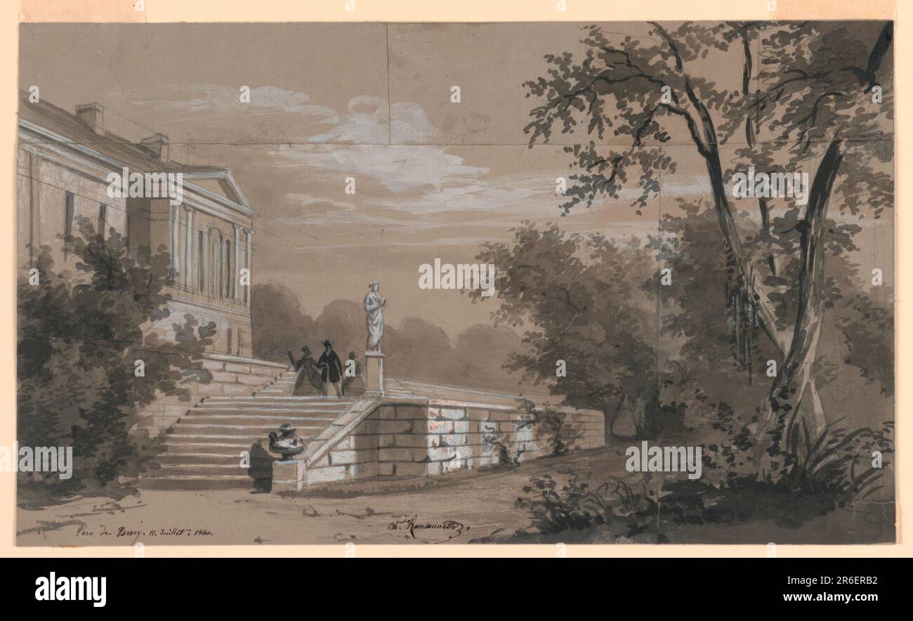 Un angolo del castello e una terrazza sono mostrati a sinistra. Tre persone sono sulla scala che conduce alla terrazza. Una strada del parco è a destra, con una coppia a piedi. Data: 1860. Grafite, pennello e gouache grigio, nero e bianco su carta; cinque copertine dei cataloghi di vendita incollate insieme. Museo: Cooper Hewitt, Smithsonian Design Museum. Foto Stock