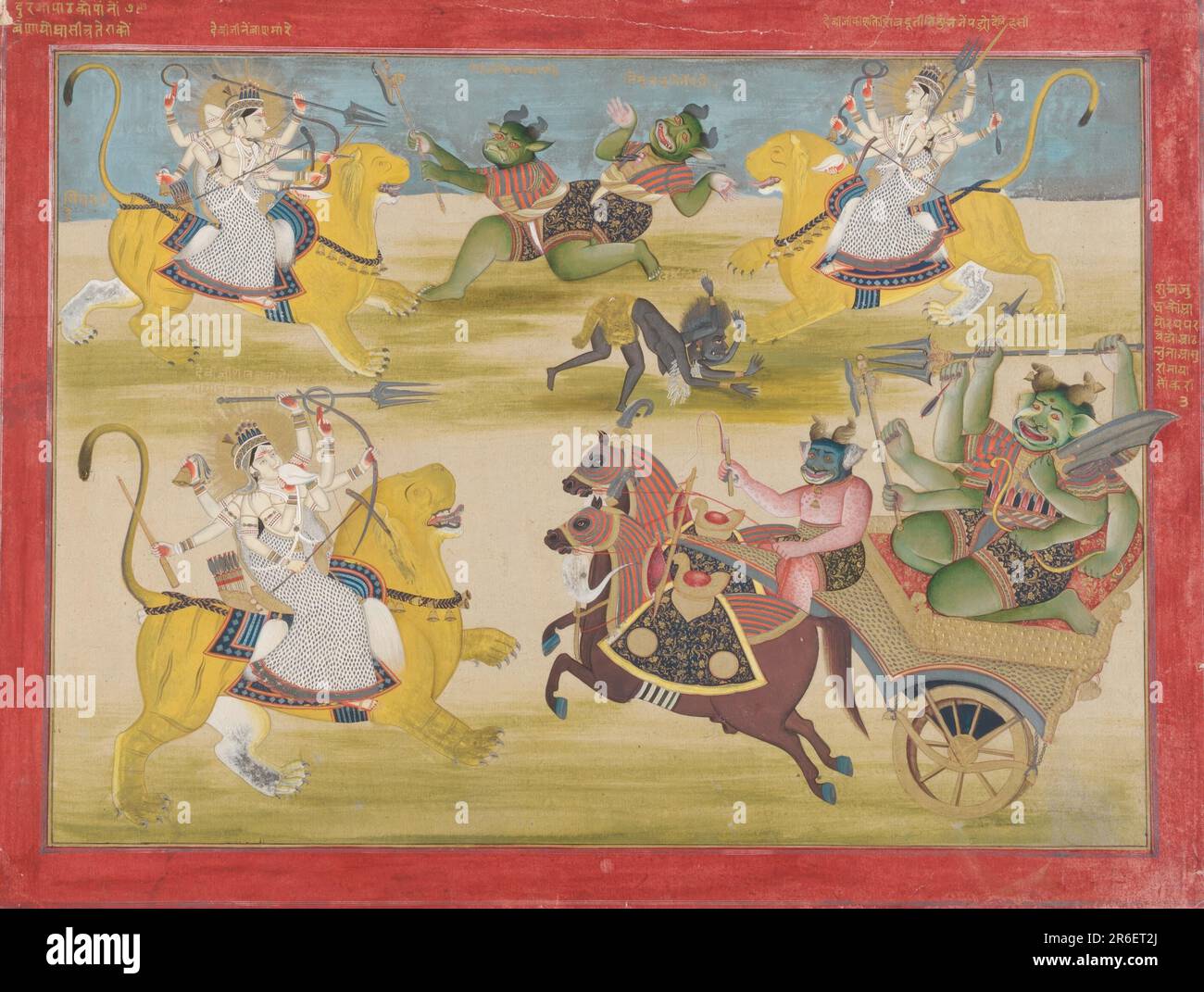 Durga combatte contro i rakshashas Shunga e Nishunga, da un Devi Mahatmya. Data: Metà 19th ° secolo. Acquerello opaco e oro su carta. Origine: Jaipur, stato del Rajasthan, India. Museo: Freer Gallery of Art e Arthur M. Sackler Gallery. Foto Stock Durga combatte contro i rakshashas Shunga e Nishunga, da un Devi Mahatmya. Data: Metà 19th ° secolo. Acquerello opaco e oro su carta. Origine: Jaipur, stato del Rajasthan, India. Museo: Freer Gallery of Art e Arthur M. Sackler Gallery. Foto Stock