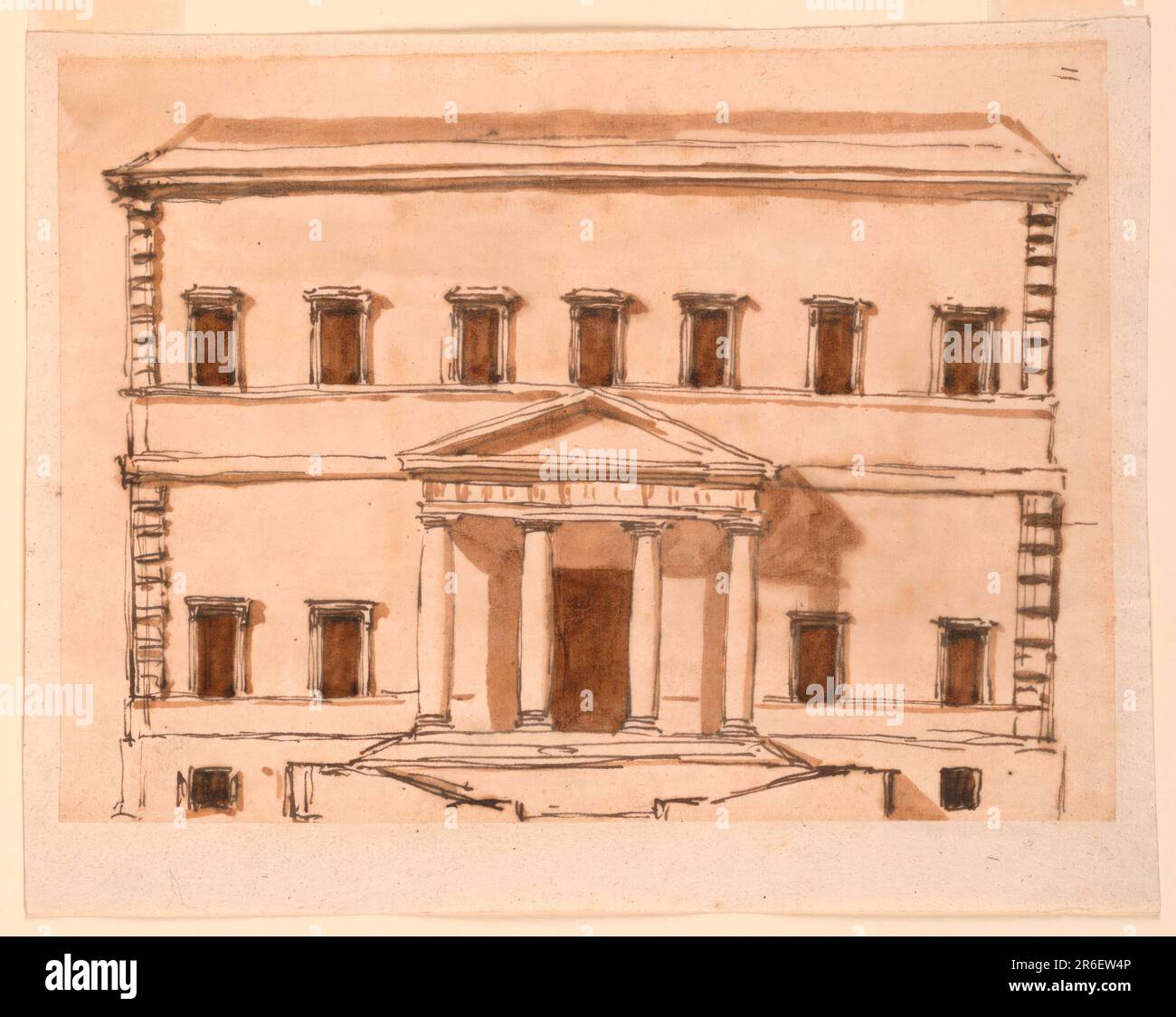 Rampe di scale fiancheggiate da finestre del seminterrato portano al portico di quattro colonne con un fregio trigliché e frontone triangolare. Sette finestre all'ultimo piano. Angolo superiore destro: '11', verticale. Forse per la Villa Poniatowsky. Penna e inchiostro marrone, pennello e lavaggio marrone su carta steso biancata, foderata. Data: 1792-1794. Museo: Cooper Hewitt, Smithsonian Design Museum. Foto Stock