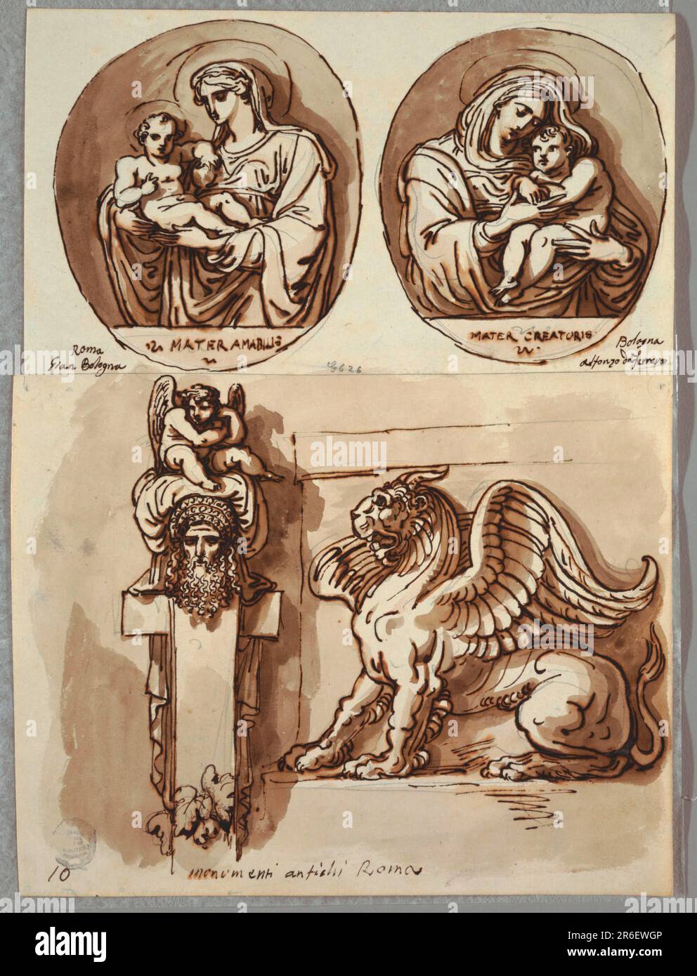 In alto, due composizioni ovali, entrambe a mezza figura della Madonna col Bambino. Sotto, in basso a sinistra, herm o stele, con foglie di quercia alla base, putto alato siede in cima cuscino o turbano che poggia sulla testa di uomo bearded. In basso a destra, la chimera seduta in profilo, con la testa di capra, le zampe di leone e le ali. Penna e inchiostro marrone, pennello e lavaggio marrone, su gesso nero su carta bianca pesante. Data: 1821-22. Museo: Cooper Hewitt, Smithsonian Design Museum. Foto Stock