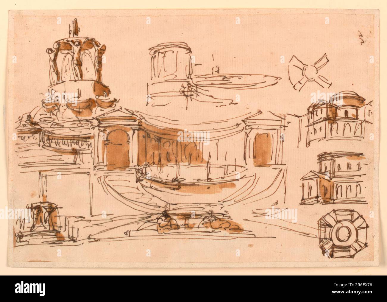 Fila sinistra: Due fontane, le cui vasche superiori sono sostenute da figure in piedi. Riga centrale: Una parte dello sfondo dello spigolo superiore molto abbozzata per una fontana. Una fontana, con una colossale conca davanti ad un colonnato semicircolare su un alto dado. Le rampe di scale conducono al colonnato. A destra: Pianta ed elevazione di pianta a forma di ruota. Parte di un'elevazione e pianta di una caffetteria a pianta ottagonale. Penna e inchiostro marrone, pennello e lavaggio marrone su carta steso biancata, foderata. Data: 1788-1789. Museo: Cooper Hewitt, Smithsonian Design Museum. Foto Stock
