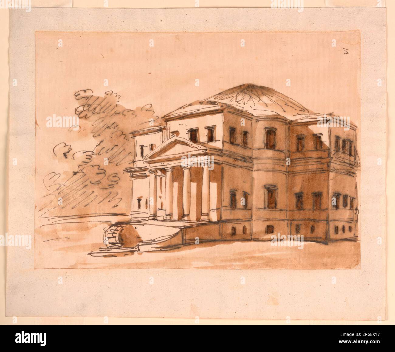 Due rampe curve di scale conducono al portico di quattro colonne con frontone triangolare. Pianta a croce con segmenti convessi negli angoli. Seminterrato e due piani principali. Cupola bassa al centro. Alberi nella parte posteriore sinistra. Angolo superiore destro: '12', verticale. Forse per la Villa Poniatowsky. Penna e inchiostro marrone, pennello e lavaggio marrone su carta steso biancata, foderata. Data: 1792-1794. Museo: Cooper Hewitt, Smithsonian Design Museum. Foto Stock