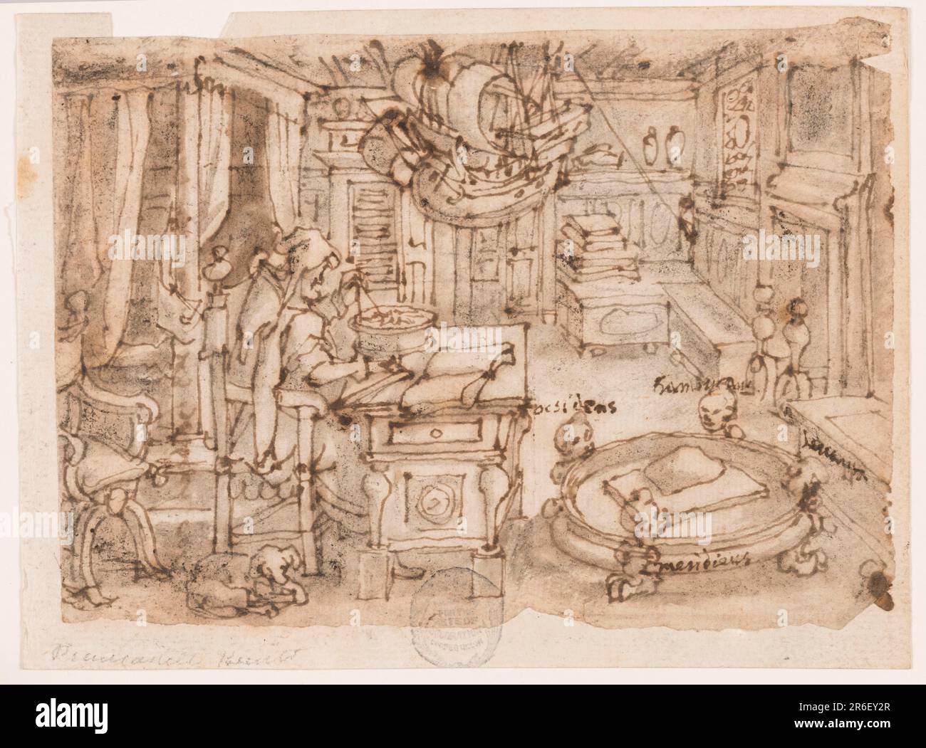 Recto: Uno studioso nel suo riccamente arredato studio, seduto alla sua scrivania con una bussola. (Nella relativa stampa è identificato come il leggendario Flavio di Amalfi, che si pensa abbia inventato la bussola). Una ciotola bassa si trova in primo piano a destra, sostenuta da quattro piedi di leone. Su questi, sorgono quattro teste umane, identificate da iscrizioni che rappresentano i quarti del globo. Un modello di nave è appeso al soffitto. Verso: Un'iscrizione in mano a Stradanus. Data: CA. 1590. Penna e inchiostro marrone, pennello e lavaggio grigio e marrone, gesso nero su carta deposta. Museo: Cooper Hewitt, Smithsonian Design Museum. Foto Stock