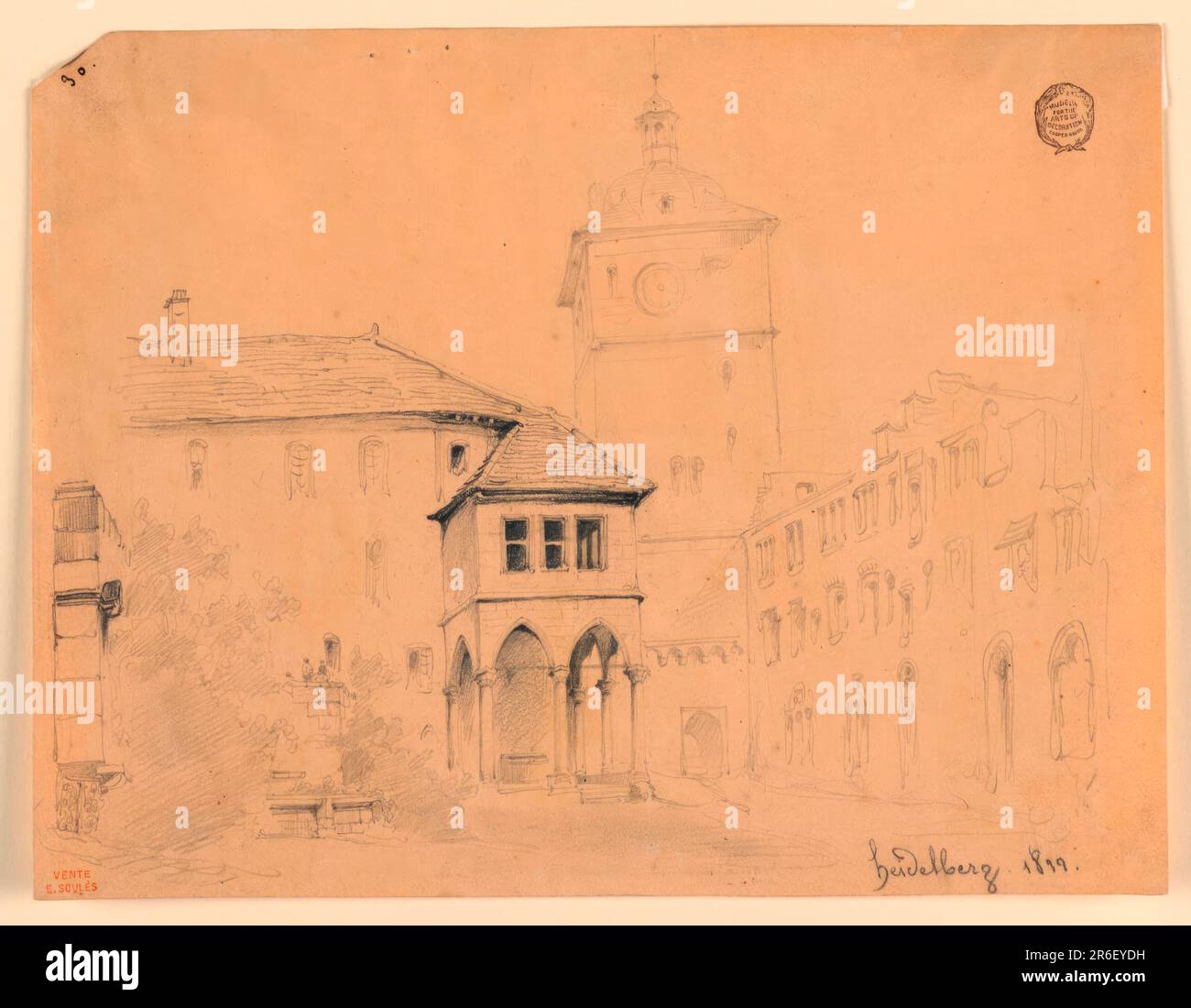 Il pozzo coperto è al centro, un edificio a destra, la grande torre di guardia a metà distanza. Scritto qui sotto a destra: 'Heidelberg 1839'. Data: 1839. Grafite, pastello nero su carta. Museo: Cooper Hewitt, Smithsonian Design Museum. Foto Stock