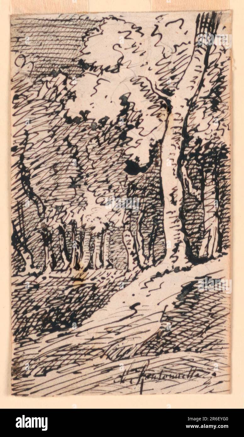 Alberi su una collina. In verso, orizzontalmente: Parte di grafite notazioni da parte dell'artista, conti, una scala con misure irregolari; sotto è la parola 'port', e 'S'il me faut un[e] boiserie..... (?) 5m - 50c / ... portes. 3 - 50 / ....2'. Grafite, penna e inchiostro su carta. Data: 1825-1840. Museo: Cooper Hewitt, Smithsonian Design Museum. Foto Stock