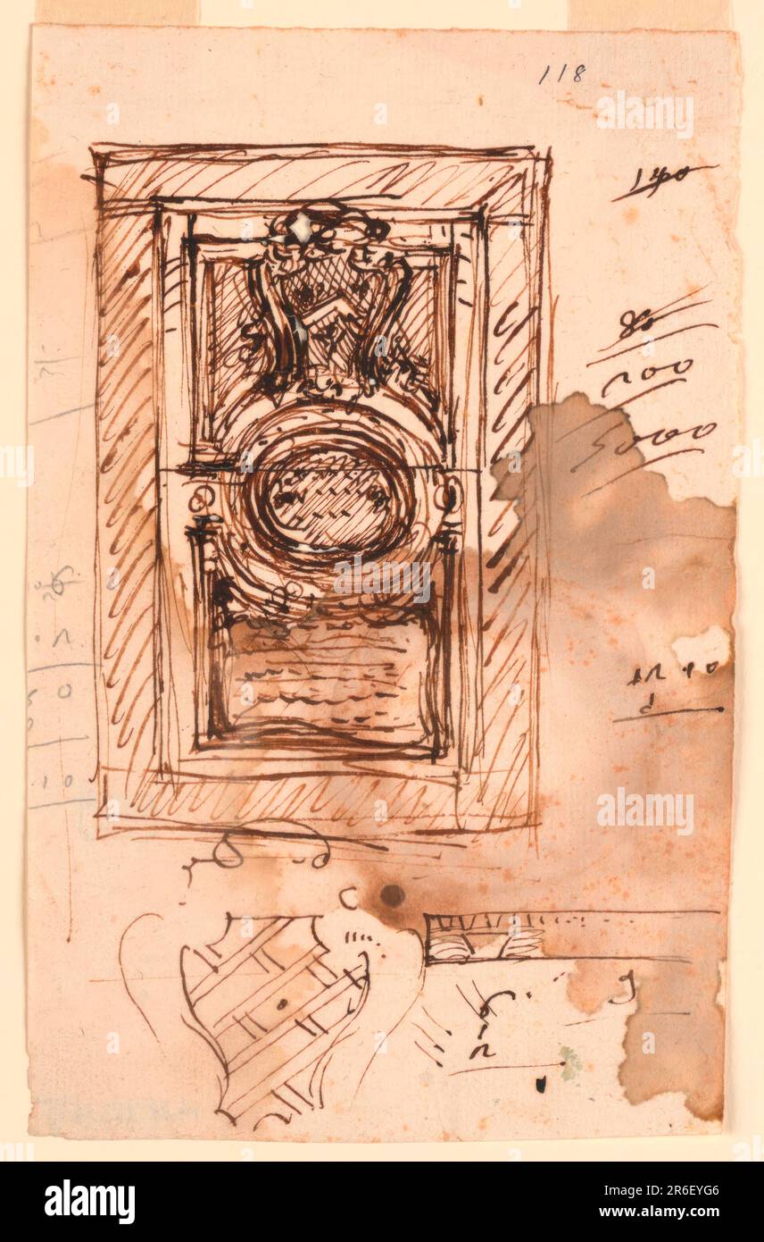 Parte dell'iscrizione è destinata ad essere in un ovoide orizzontale centrale, che è fuori da un oblungo. Davanti alla sua parte superiore si trova uno stemma; l'iscrizione si trova nella parte inferiore. Telaio sagomato. Sotto la bocchetta con campo obliquamente intrecciato. In alto a destra: '118'. Data: 1775-1800. Penna e inchiostro marrone, pennello e lavaggio marrone, grafite su carta steso biancastra. Museo: Cooper Hewitt, Smithsonian Design Museum. Foto Stock