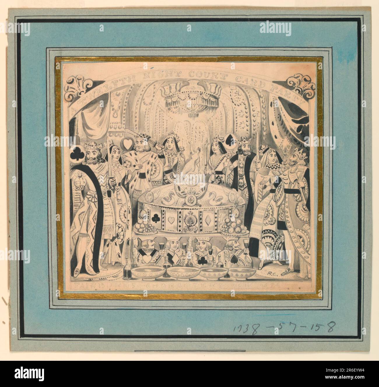 Figure vestite come personaggi di carte da gioco che si trovano intorno a una grande torta deocrated ai lati con simboli di carte da gioco. Titolo precedente, in grafite. Data: CA. 1836. Penna e pennello con inchiostro nero, pennello e lavaggio grigio, su grafite su carta. Museo: Cooper Hewitt, Smithsonian Design Museum. Foto Stock