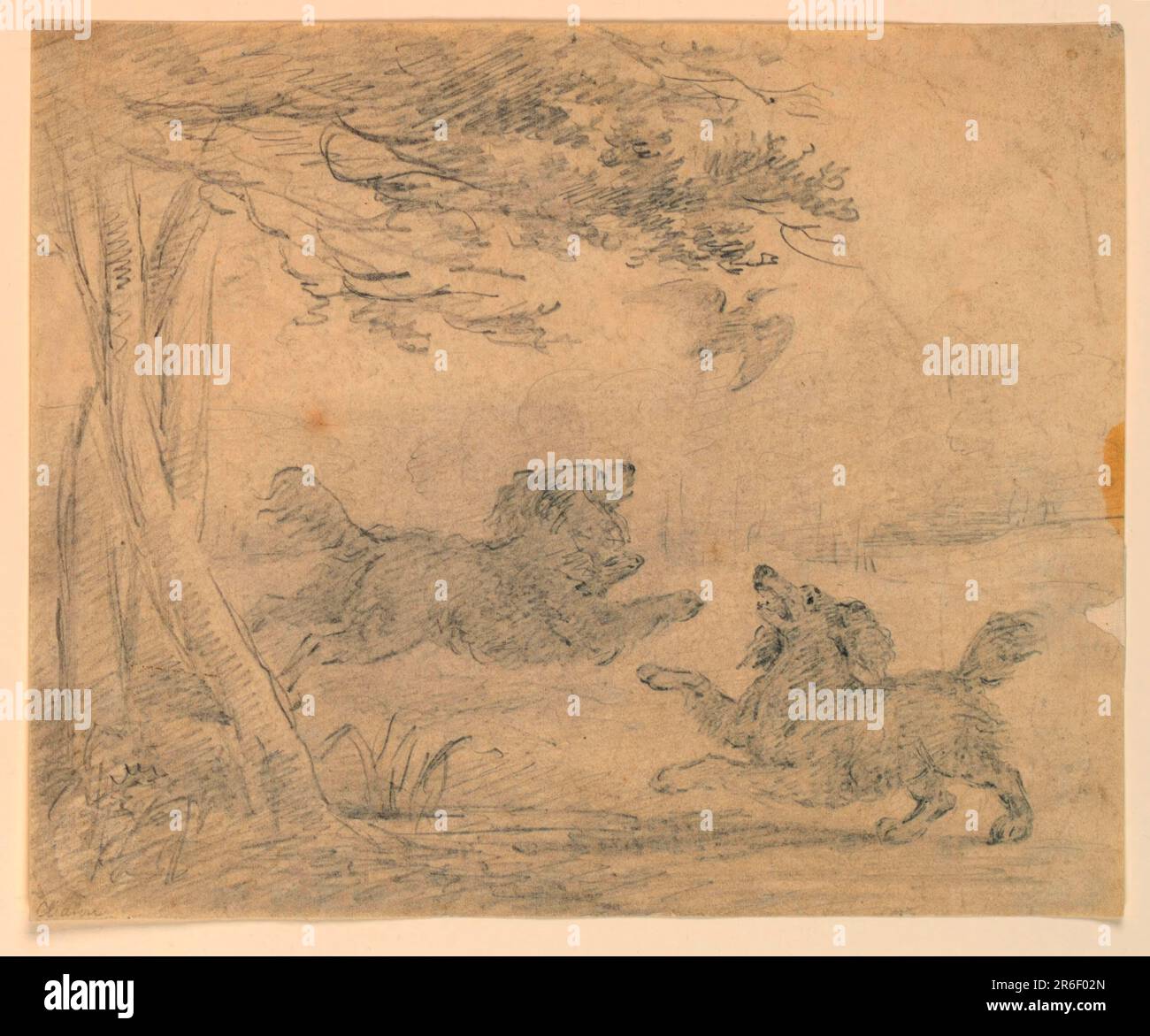 Stanno inseguendo un uccello. Uno sta correndo verso destra, l'altro verso sinistra. Un gruppo di alberi è in primo piano a sinistra. Più alberi sono sullo sfondo. Grafite su carta. Data: 1800-1825. Museo: Cooper Hewitt, Smithsonian Design Museum. Foto Stock Stanno inseguendo un uccello. Uno sta correndo verso destra, l'altro verso sinistra. Un gruppo di alberi è in primo piano a sinistra. Più alberi sono sullo sfondo. Grafite su carta. Data: 1800-1825. Museo: Cooper Hewitt, Smithsonian Design Museum. Foto Stock