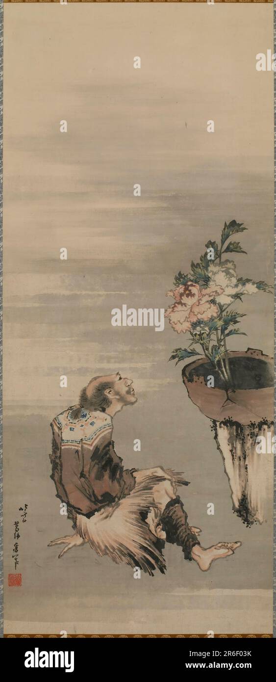 Un uomo seduto che guarda Potted Peonies. Origine: Giappone. Periodo: Periodo Edo. Data: 1760-1849. Inchiostro e colore sulla carta. Museo: Freer Gallery of Art e Arthur M. Sackler Gallery. Foto Stock