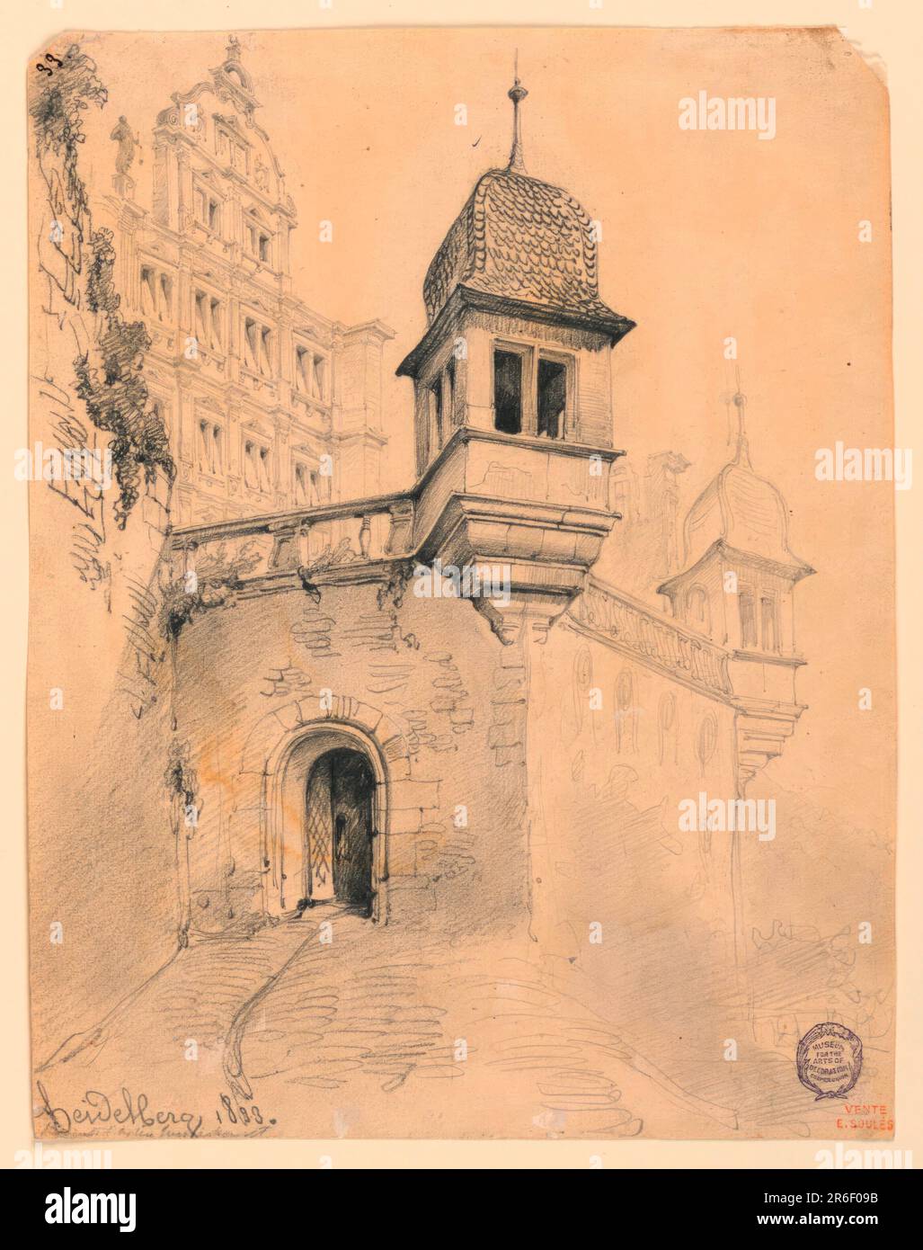 La Torre è mostrata obliquamente con una parte del Friedrichs Bau, e con l'inizio del sentiero per la città. Scritto qui sotto a sinistra: 'Heidelberg 1833'. Data: 1833. Grafite, pastello nero su carta. Museo: Cooper Hewitt, Smithsonian Design Museum. Foto Stock