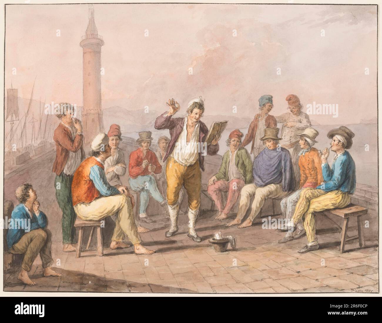 Rettangolo orizzontale. Un uomo è show [sic] in piedi sul molo e recita da un libro. Il suo cappello giace davanti a lui. È circondato da ascoltatori che formano un semicerchio. Il faro è mostrato nella distanza intermedia. Linee di framing. Firma: 'Gatta 1828.'. Data: 1828. Inchiostro nero e penna, colori acquosi sulla carta. Museo: Cooper Hewitt, Smithsonian Design Museum. Foto Stock