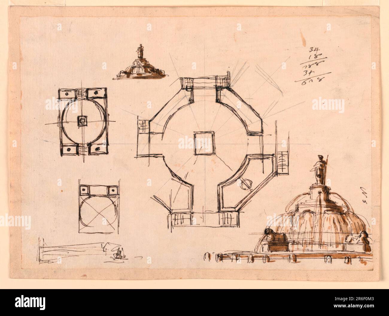 In alto a sinistra: Vista di una fontana con leoni accovacciati, battuti da una figura femminile. Centro a sinistra: Pianta di una fontana oblunga. Centro: Pianta incompiuta di una fontana ottagonale. In basso a sinistra: Pianta incompiuta di una fontana oblunga. Schizzo approssimativo dei passi. In basso a destra: Una variante del disegno in alto a sinistra; circondato da pali. Account in alto a destra. Data: 1795. Penna e inchiostro marrone, pennello e lavaggio marrone, grafite su carta steso biancastra, foderata. Museo: Cooper Hewitt, Smithsonian Design Museum. Foto Stock