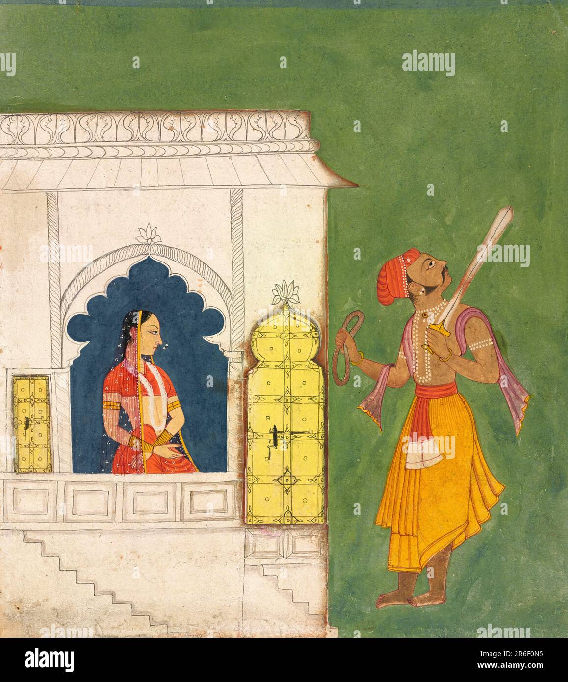 Questo dipinto raffigura una donna all'interno di una finestra ad arco che guarda un guerriero che porta una spada e una corda. Data: CA. 1680. Acquerello opaco su carta. Origine: Ajmer, stato del Rajasthan, India. Museo: Freer Gallery of Art e Arthur M. Sackler Gallery. Foto Stock